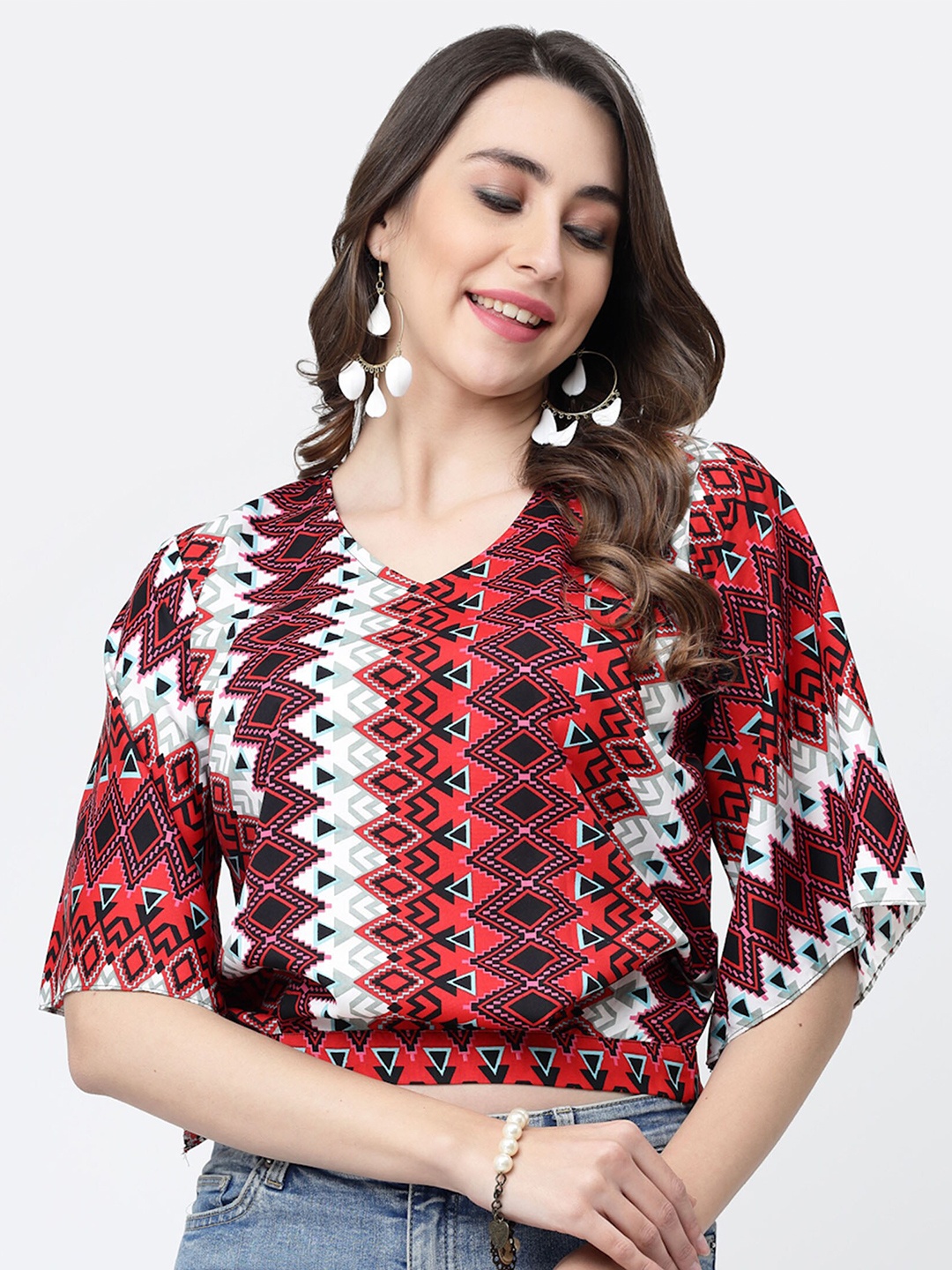 

MISS AYSE Geometric Print Flared Sleeve Crepe Styled Back Top, Multi