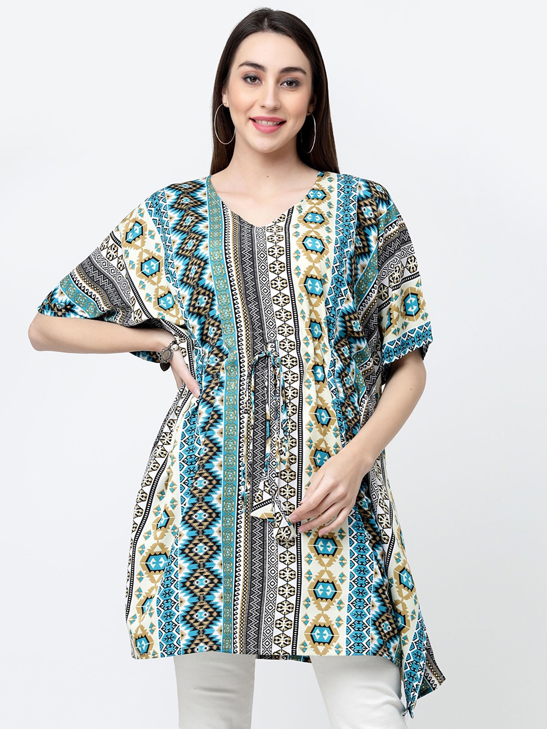 

MISS AYSE Tribal Print Extended Sleeves Crepe Styled Back Longline Top, Green