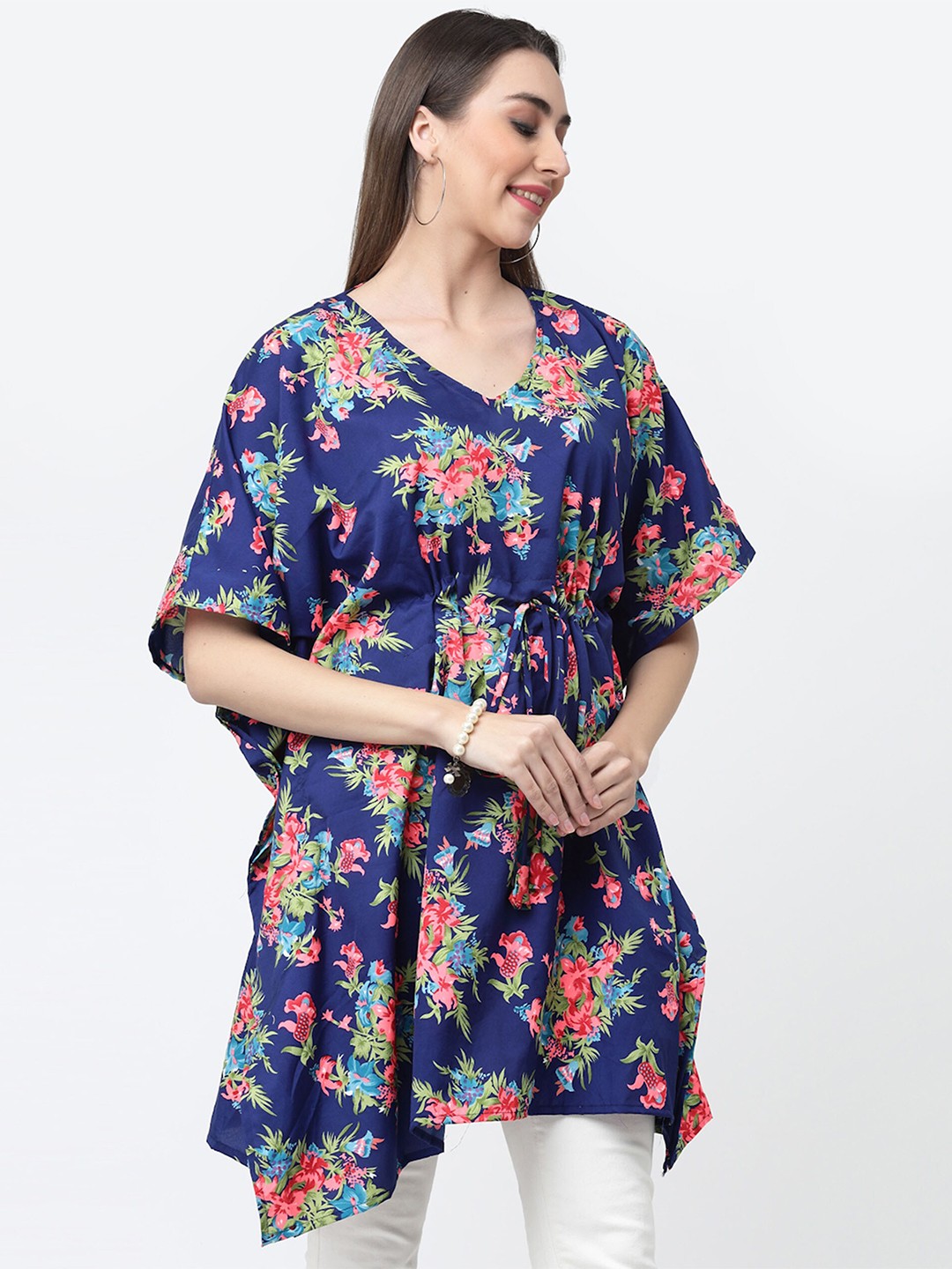 

MISS AYSE Floral Print Kimono Sleeve Crepe Kaftan Top, Navy blue