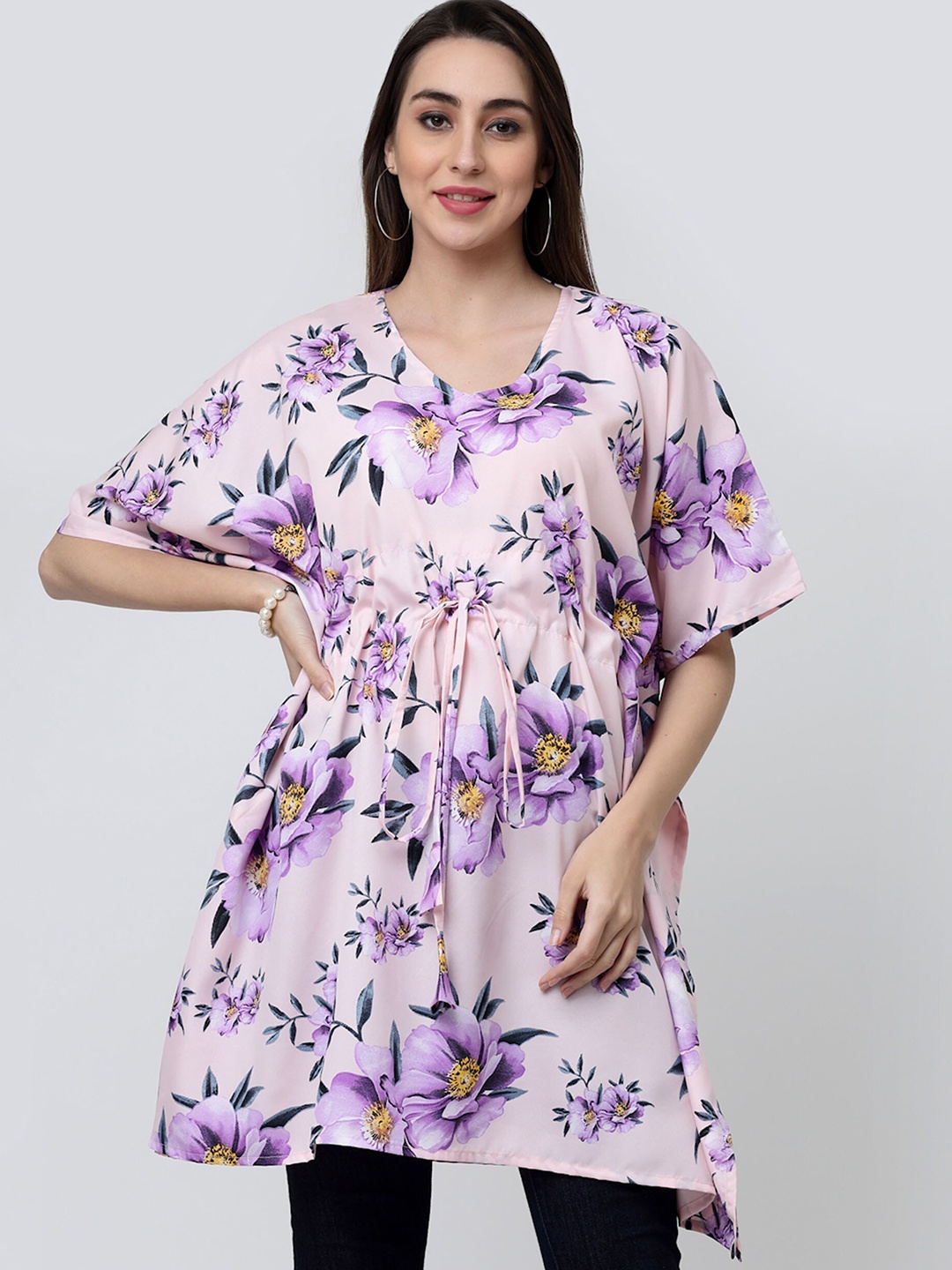 

MISS AYSE Floral Print Flared Sleeve Crepe Styled Back Longline Top, Pink