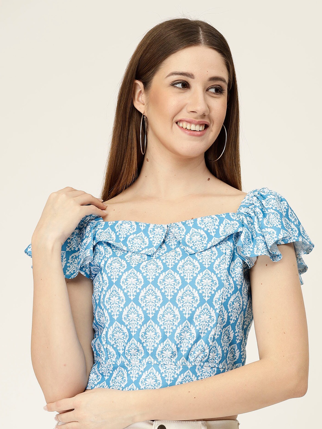 

MISS AYSE Geometric Print Off-Shoulder Flutter Sleeve Crepe Styled Back Crop Top, Blue