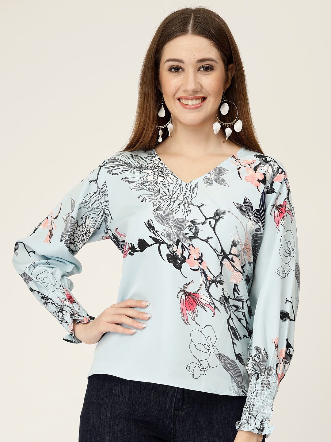 

MISS AYSE Floral Print Crepe Styled Back Top, Grey