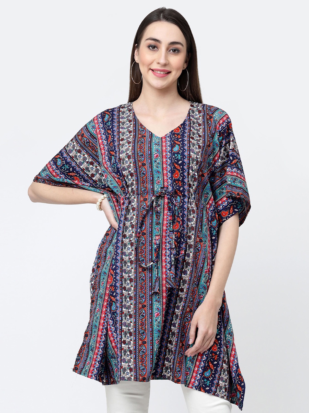 

MISS AYSE Print Mandarin Collar Extended Sleeves Crepe Kaftan Longline Top, Multi