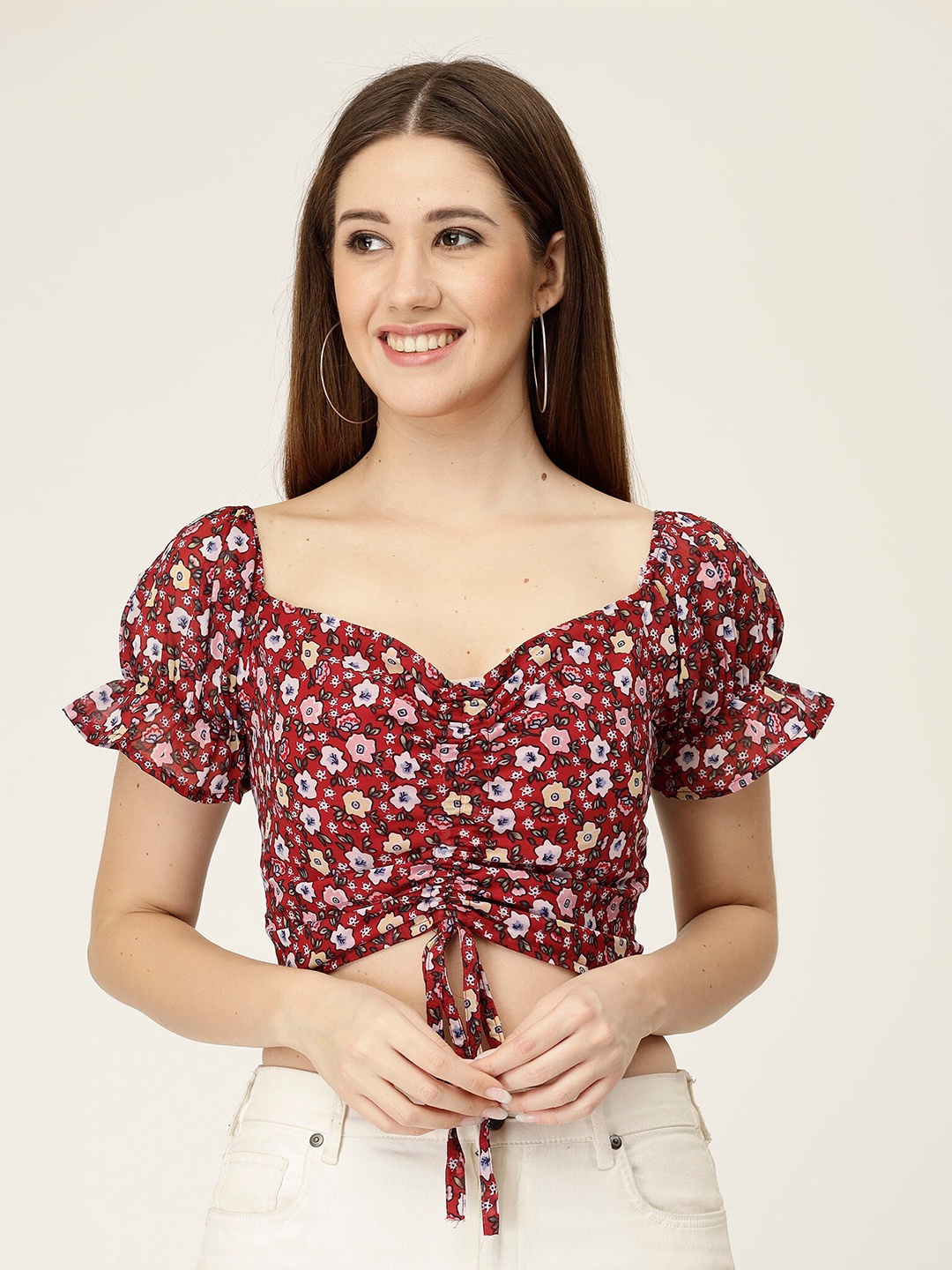 

MISS AYSE Floral Print Puff Sleeve Georgette Styled Back Top, Maroon