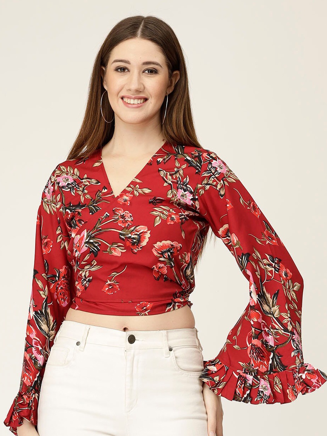 

MISS AYSE Floral Print Bell Sleeve Crepe Styled Back Crop Top, Red