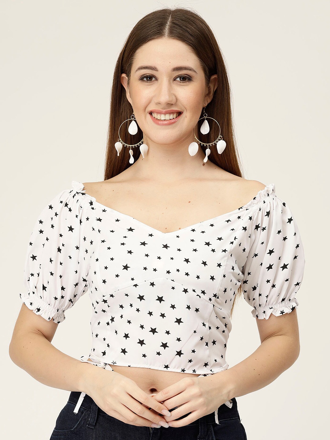 

MISS AYSE Polka Dot Print Off-Shoulder Puff Sleeve Crepe Styled Back Top, White