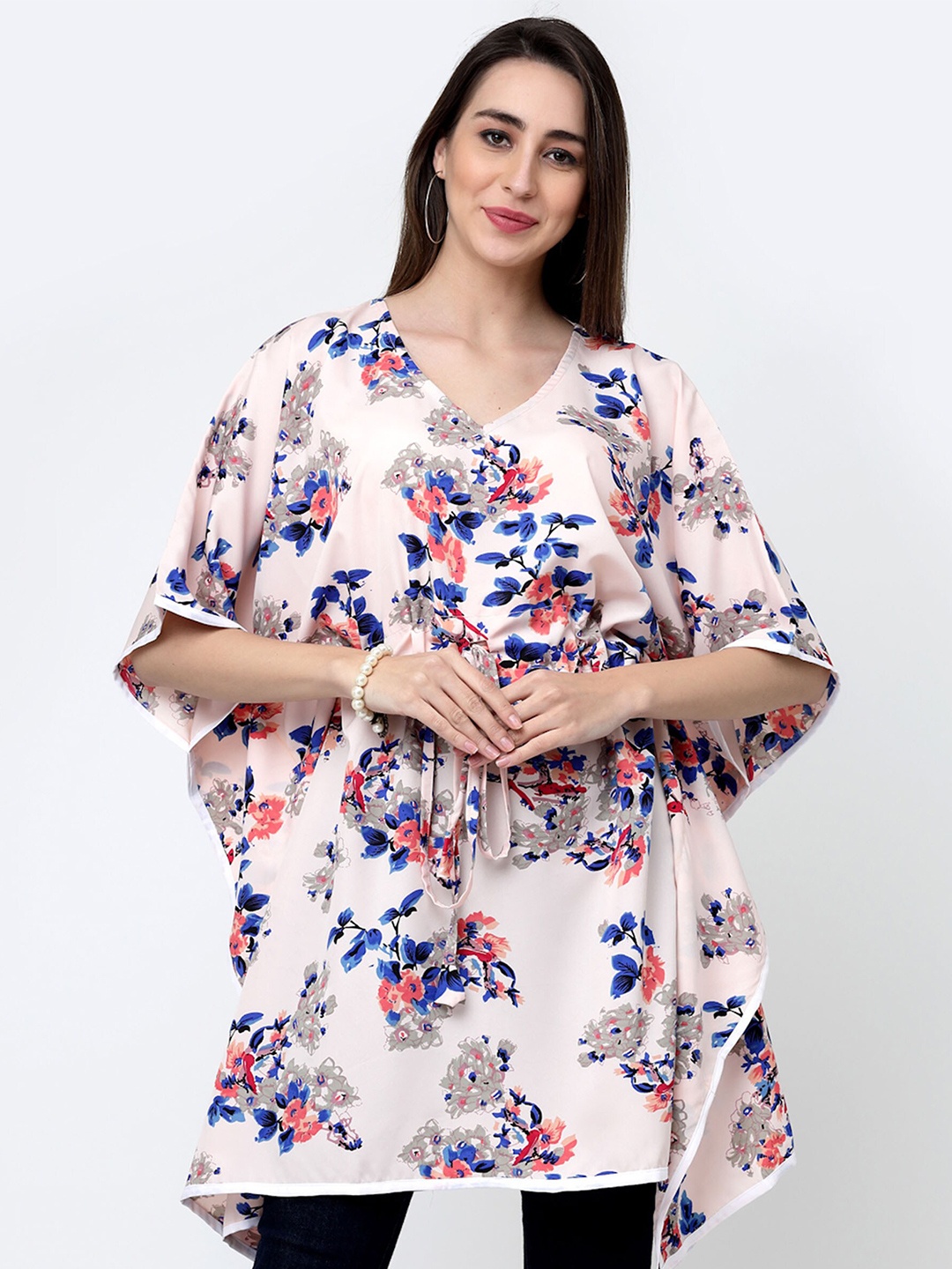 

MISS AYSE Floral Print Kimono Sleeve Crepe Kaftan Longline Top, Multi