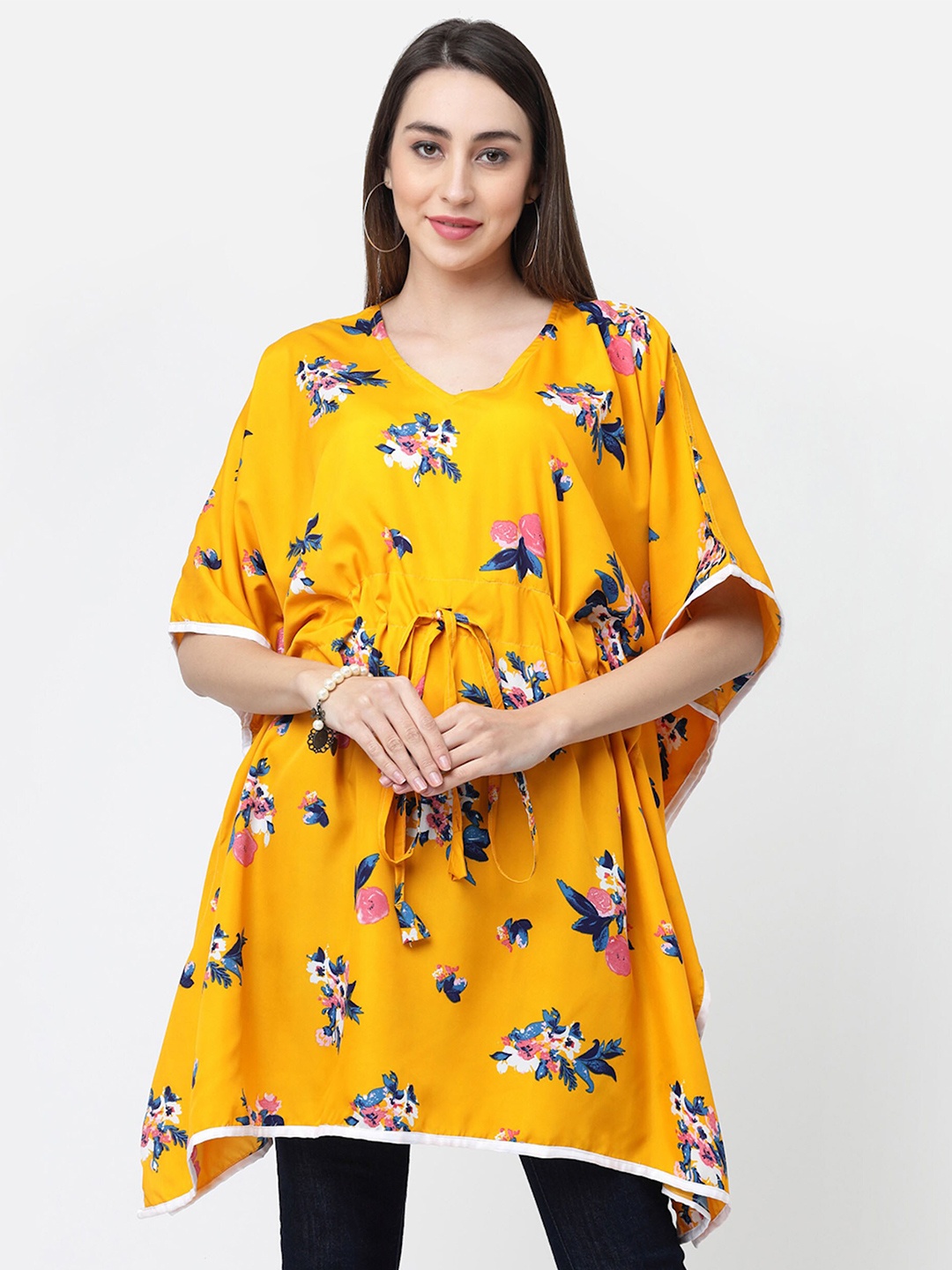

MISS AYSE Floral Print Kimono Sleeve Crepe Styled Back Longline Top, Yellow