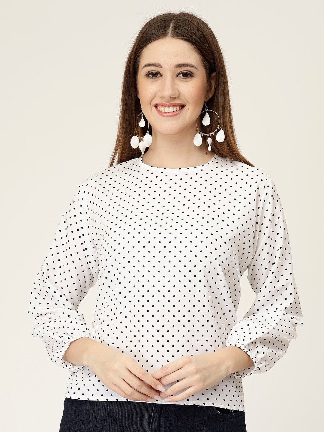 

MISS AYSE Polka Dot Print Keyhole Neck Crepe Styled Back Top, White