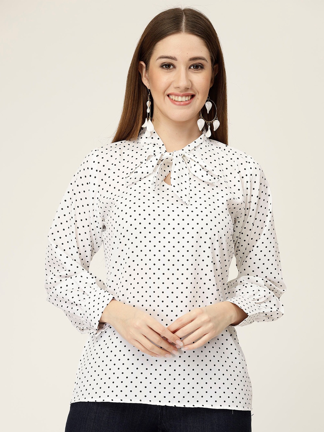 

MISS AYSE Polka Dot Print Crepe Styled Back Top, White