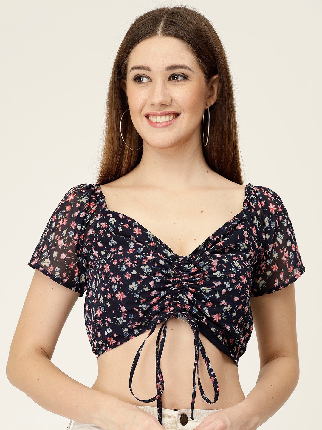 

MISS AYSE Floral Print Georgette Styled Back Crop Top, Black