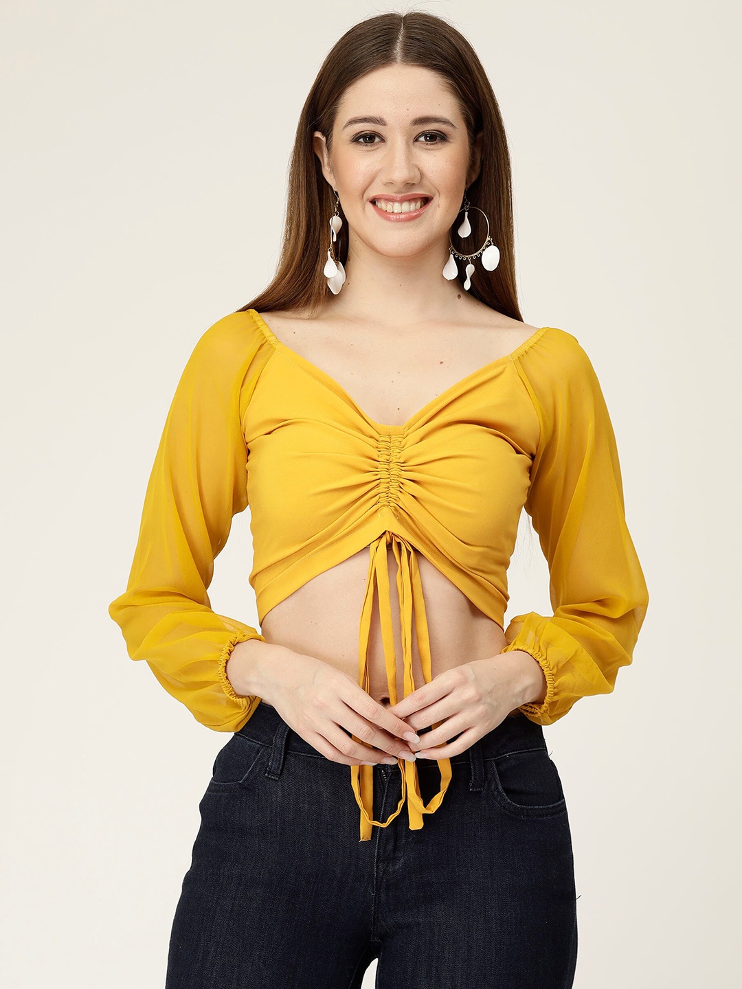 

MISS AYSE Off-Shoulder Georgette Styled Back Crop Top, Yellow