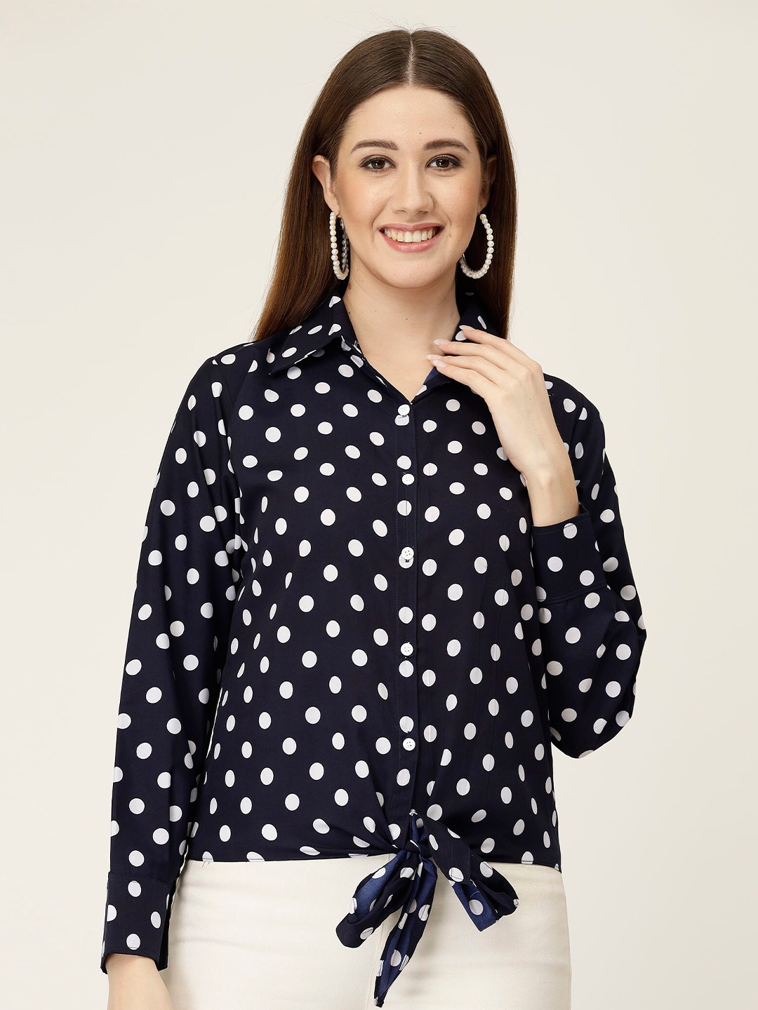 

MISS AYSE Polka Dot Print Crepe Styled Back Top, Navy blue