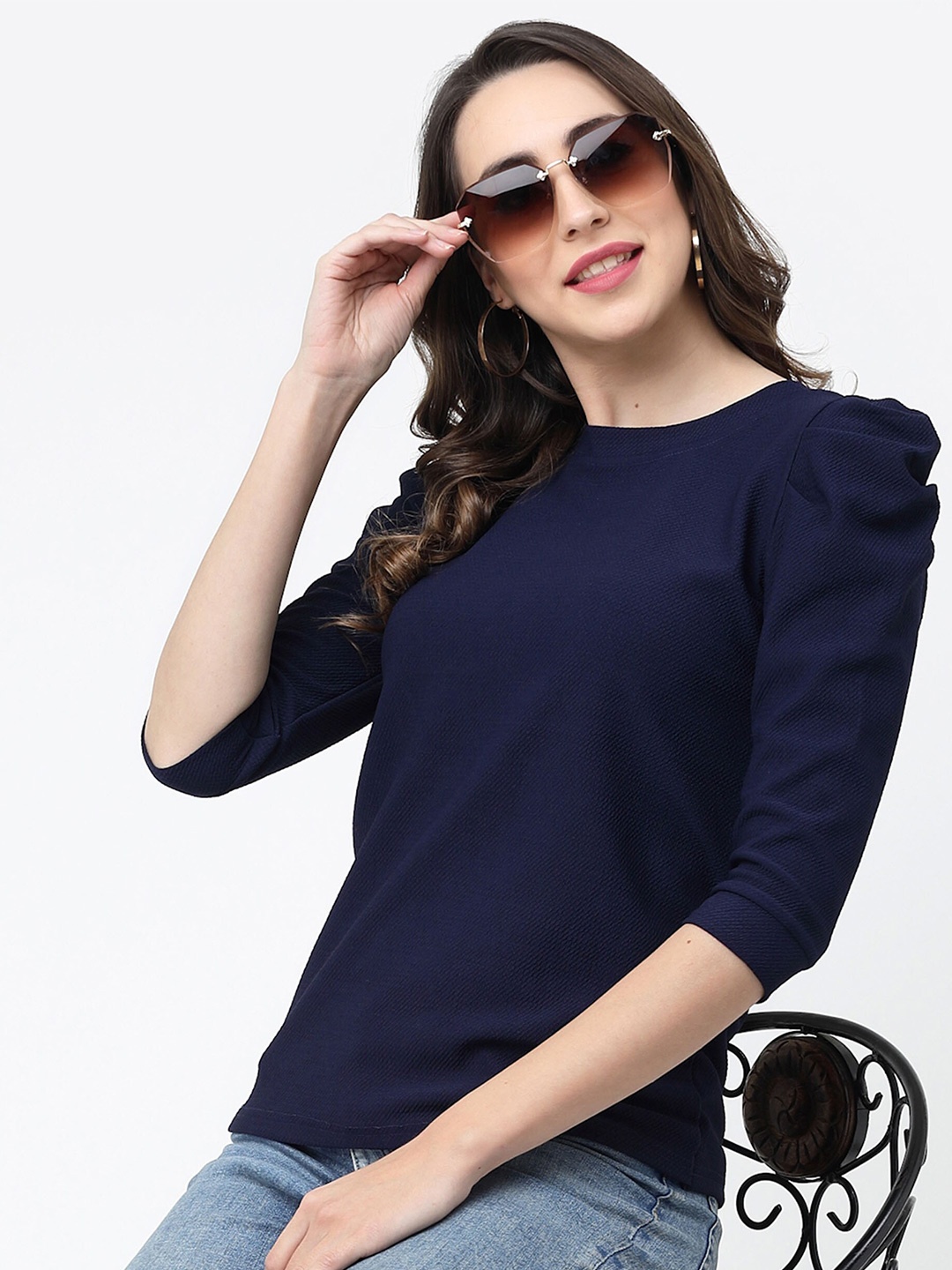 

MISS AYSE Puff Sleeve Styled Back Top, Navy blue