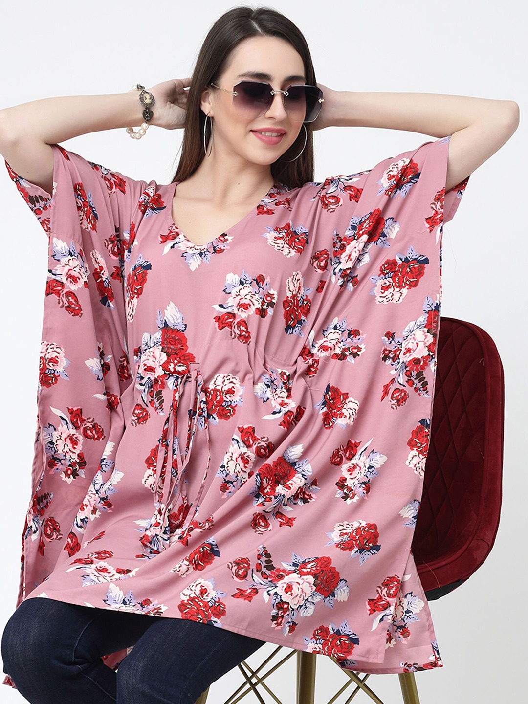 

MISS AYSE Floral Print Kimono Sleeve Crepe Styled Back Top, Pink