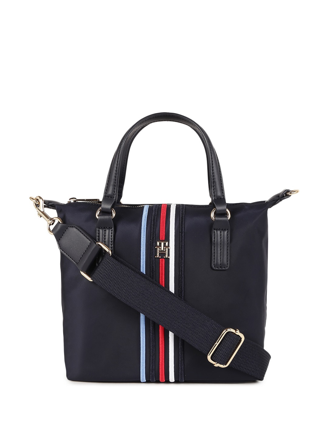 

Tommy Hilfiger Striped Structured Handheld Bag with Applique, Blue