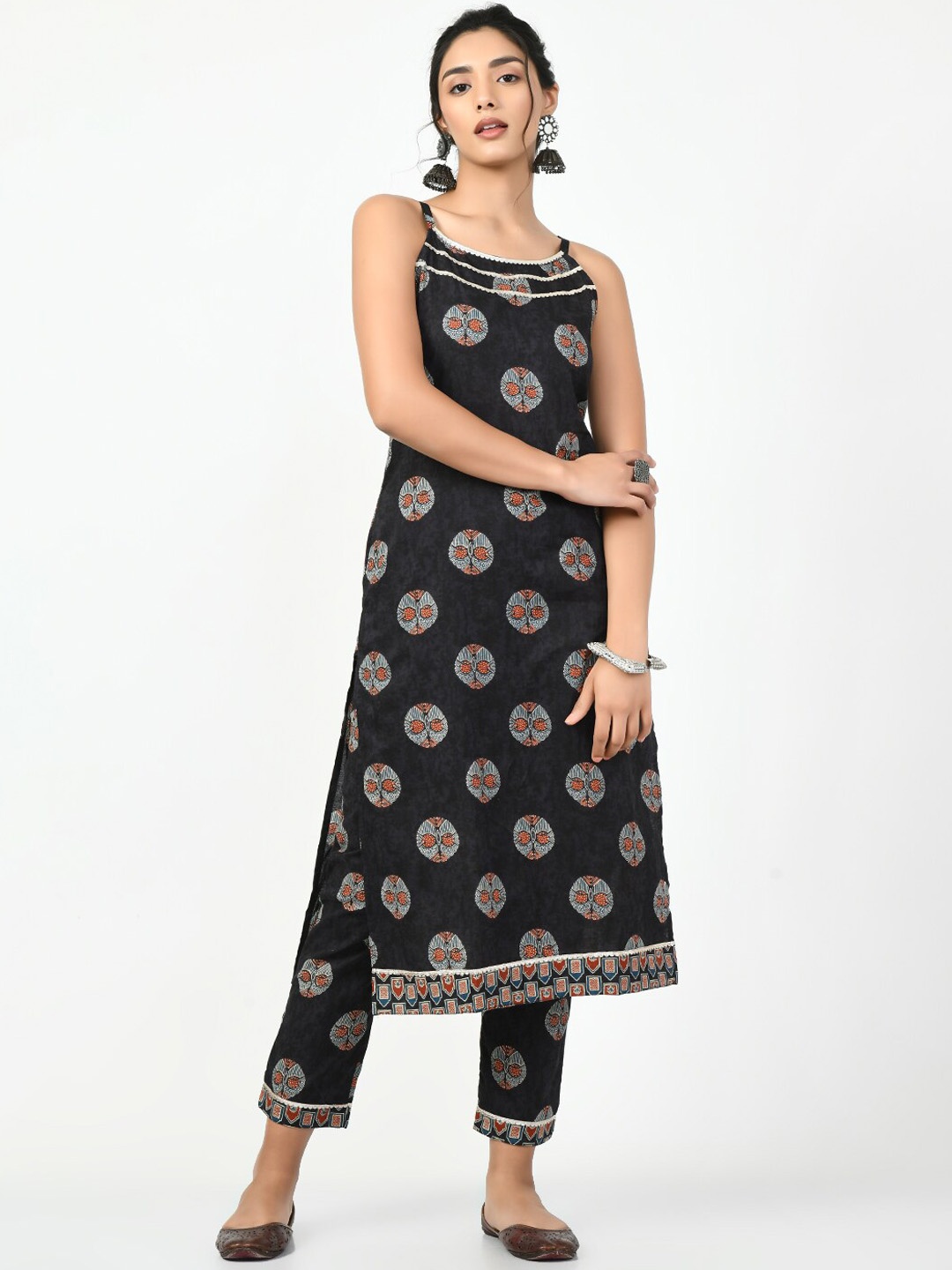 

KALINI Ethnic Motifs Printed Pure Cotton Straight Kurta with Trouser, Black