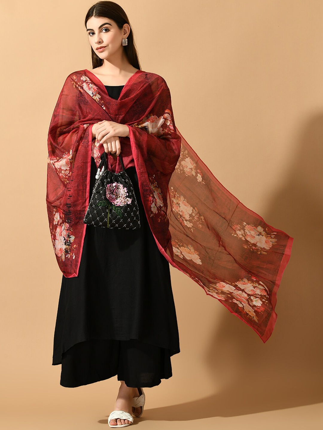 

KALINI Shoulder Straps Sleeveless A-Line Kurta With Palazzos & Dupatta, Black