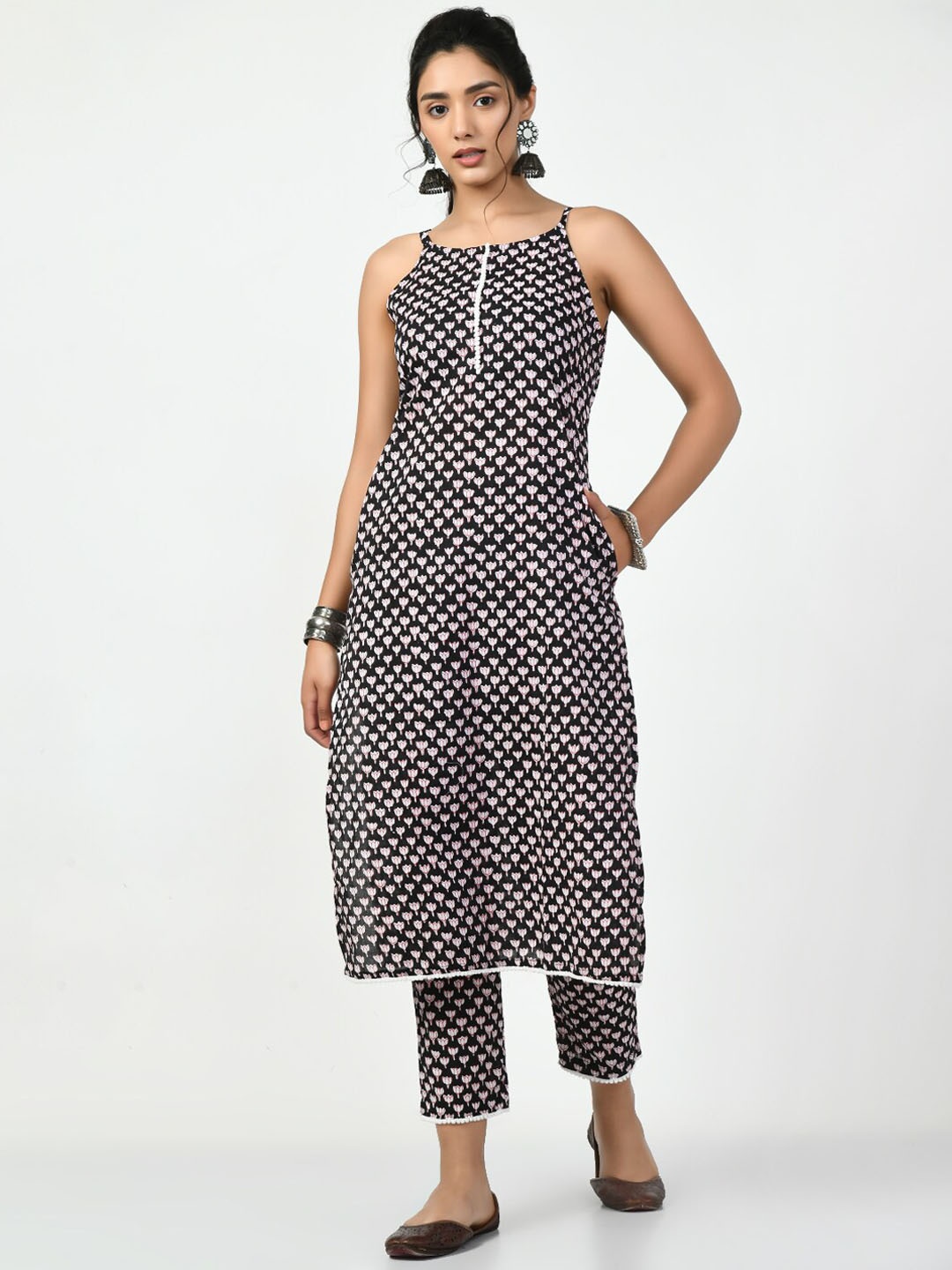 

KALINI Floral Printed Regular Pure Cotton Kurta with Trousers, Black