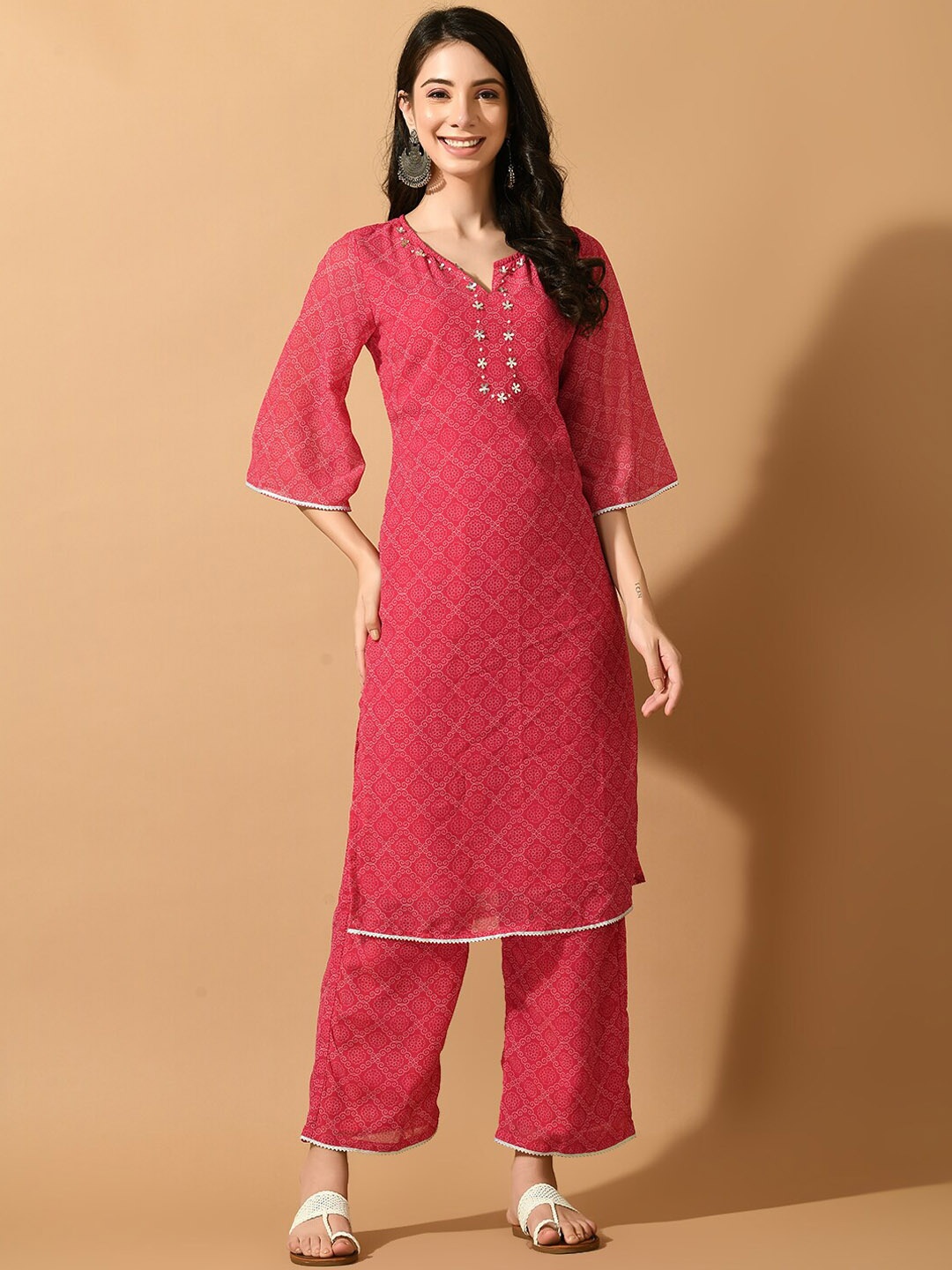 

KALINI Ethnic Motifs Printed Beads and Stones Georgette Kurta with Palazzos, Pink