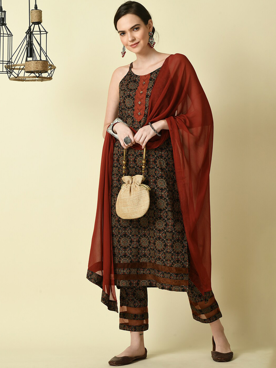 

KALINI Ethnic Motifs Printed Shoulder Straps Pure Cotton Kurta with Trousers & Dupatta, Red
