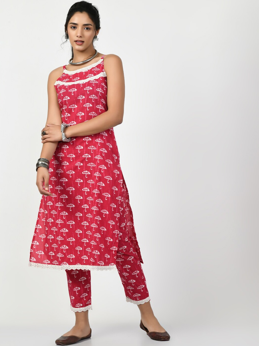 

KALINI Floral Printed Regular Pure Cotton Kurta with Trousers, Pink