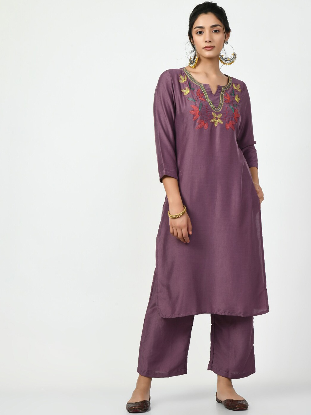 

KALINI Floral Yoke Design Thread Work Kurta & Palazzos With Dupatta, Mauve