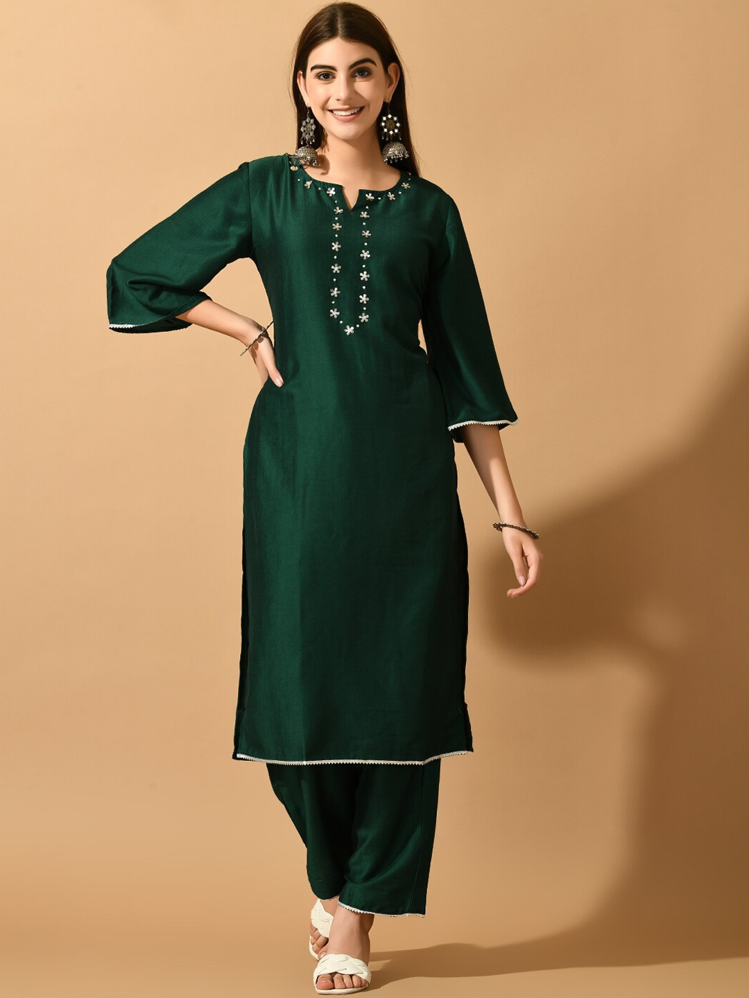 

KALINI Floral Yoke Design Beads and Stones Kurta with Palazzos, Green