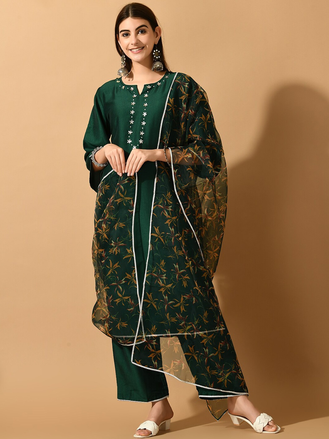 

KALINI Floral Yoke Design Regular Beads & Stones Kurta With Palazzos & Dupatta, Green