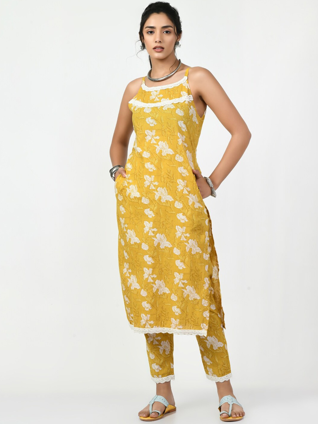 

KALINI Floral Printed Shoulder Straps Regular Pure Cotton Kurta With Trousers, Yellow