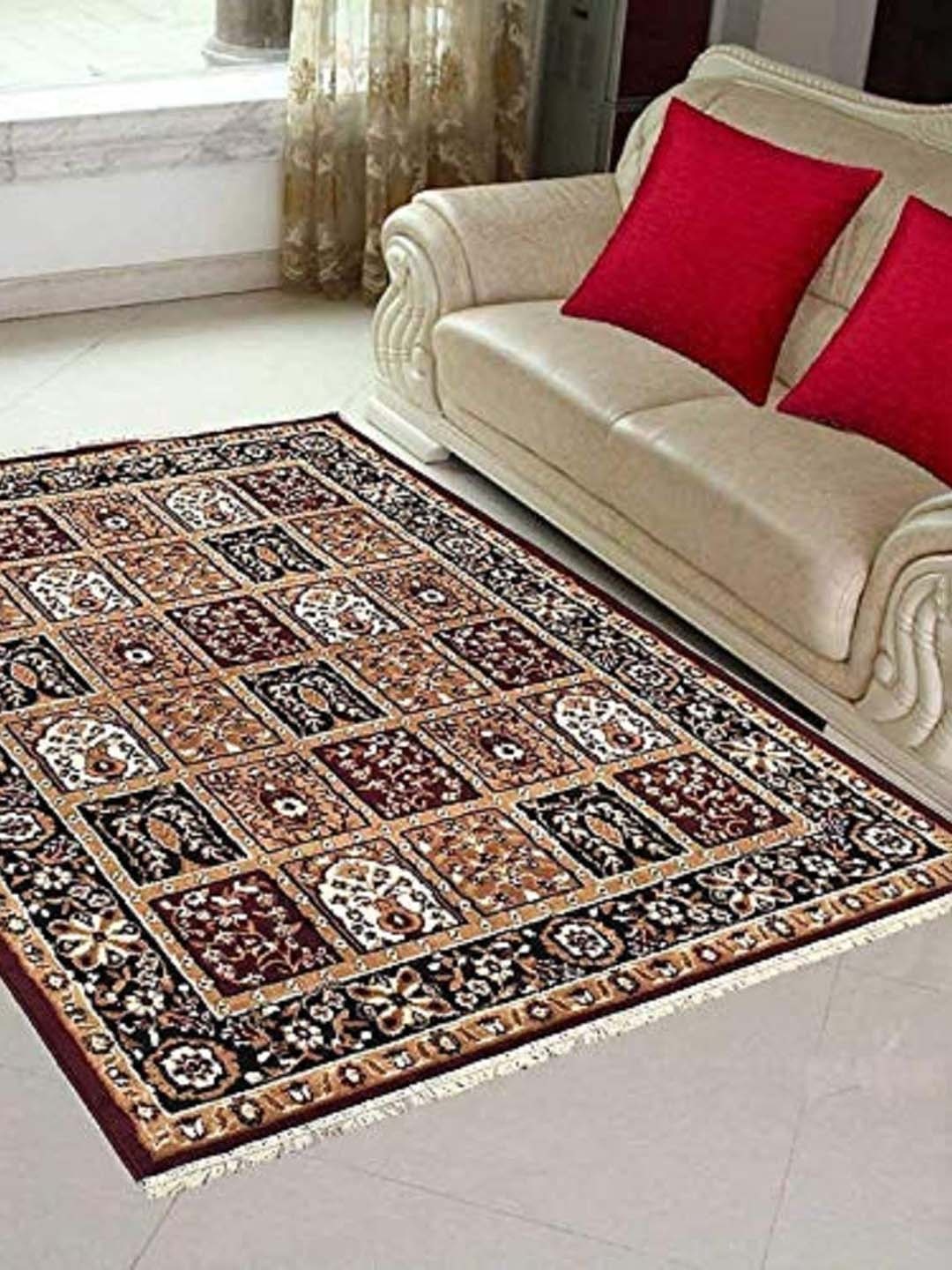 

F & B RUGS Brown & White Ethnic Motifs Anti Skid Carpet