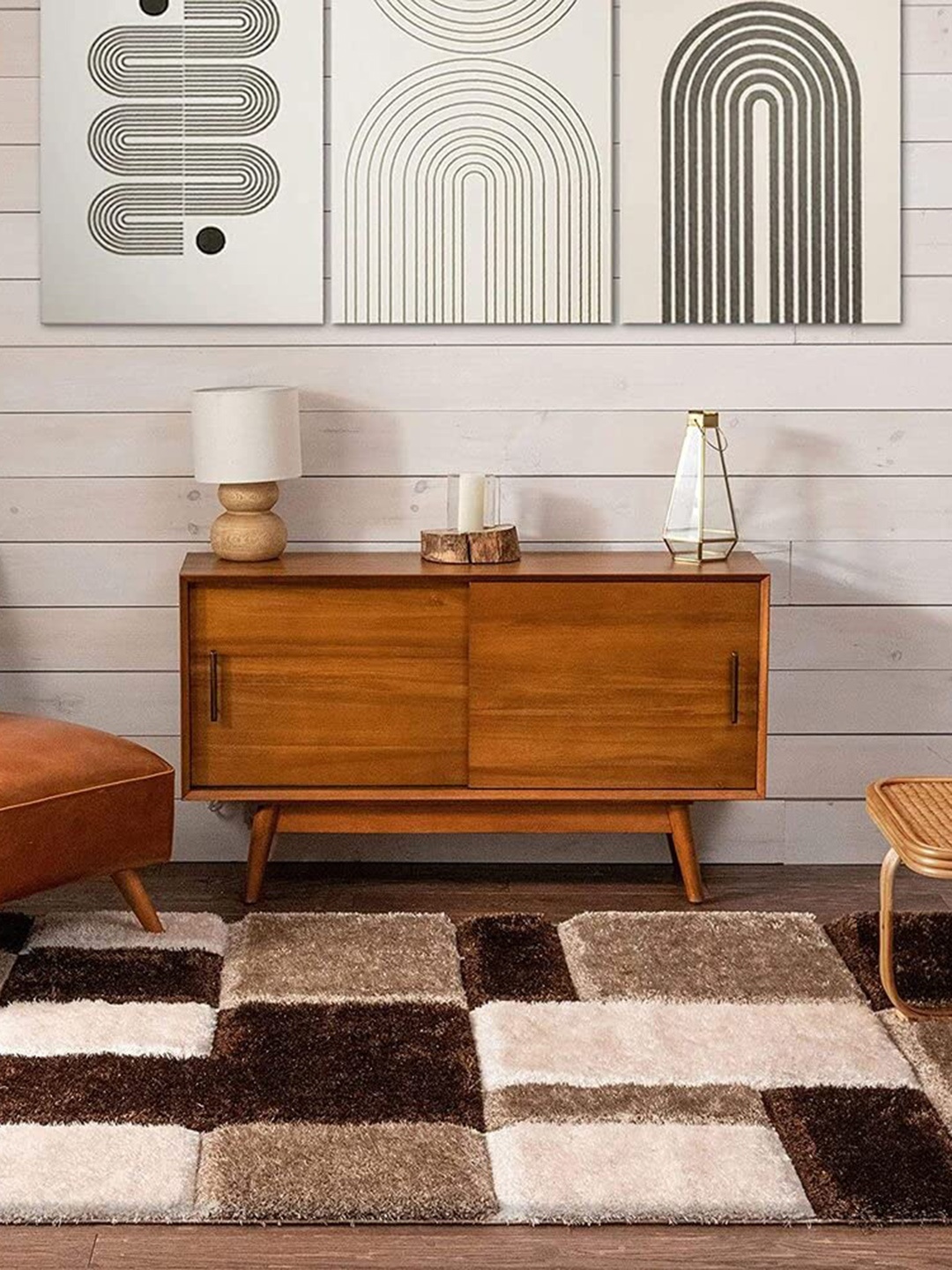 

F & B RUGS Brown Geometric Printed Anti-Skid Shaggy Carpets