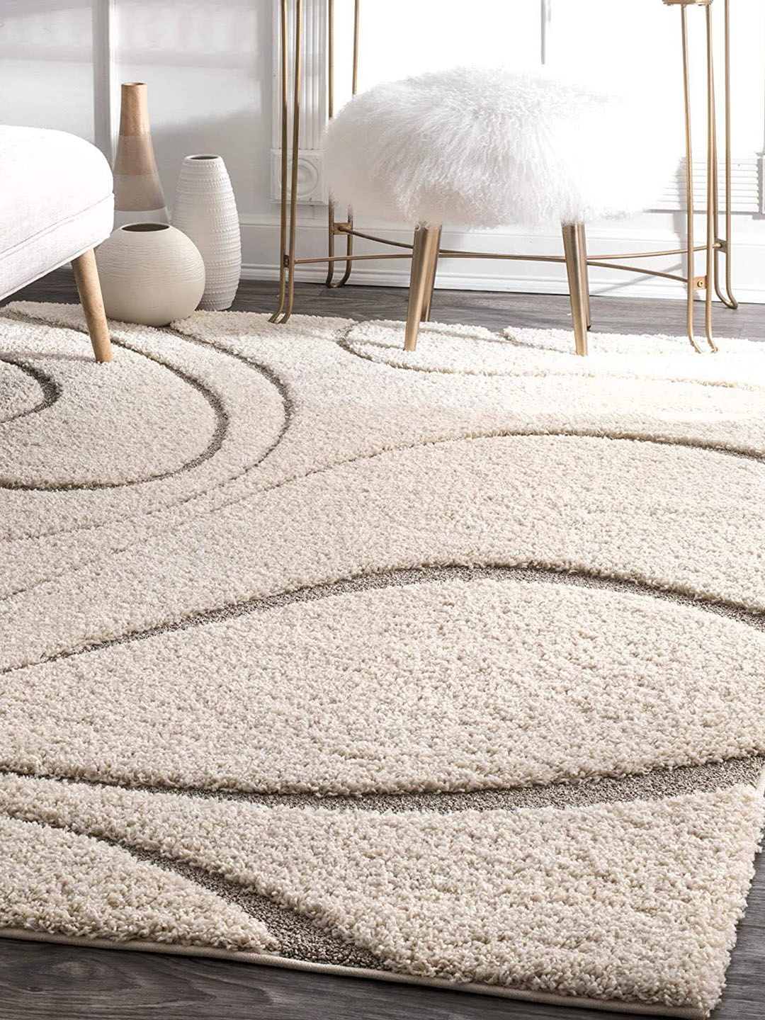 

F & B RUGS Cream Floral Printed Anti-Skid Shaggy Carpets
