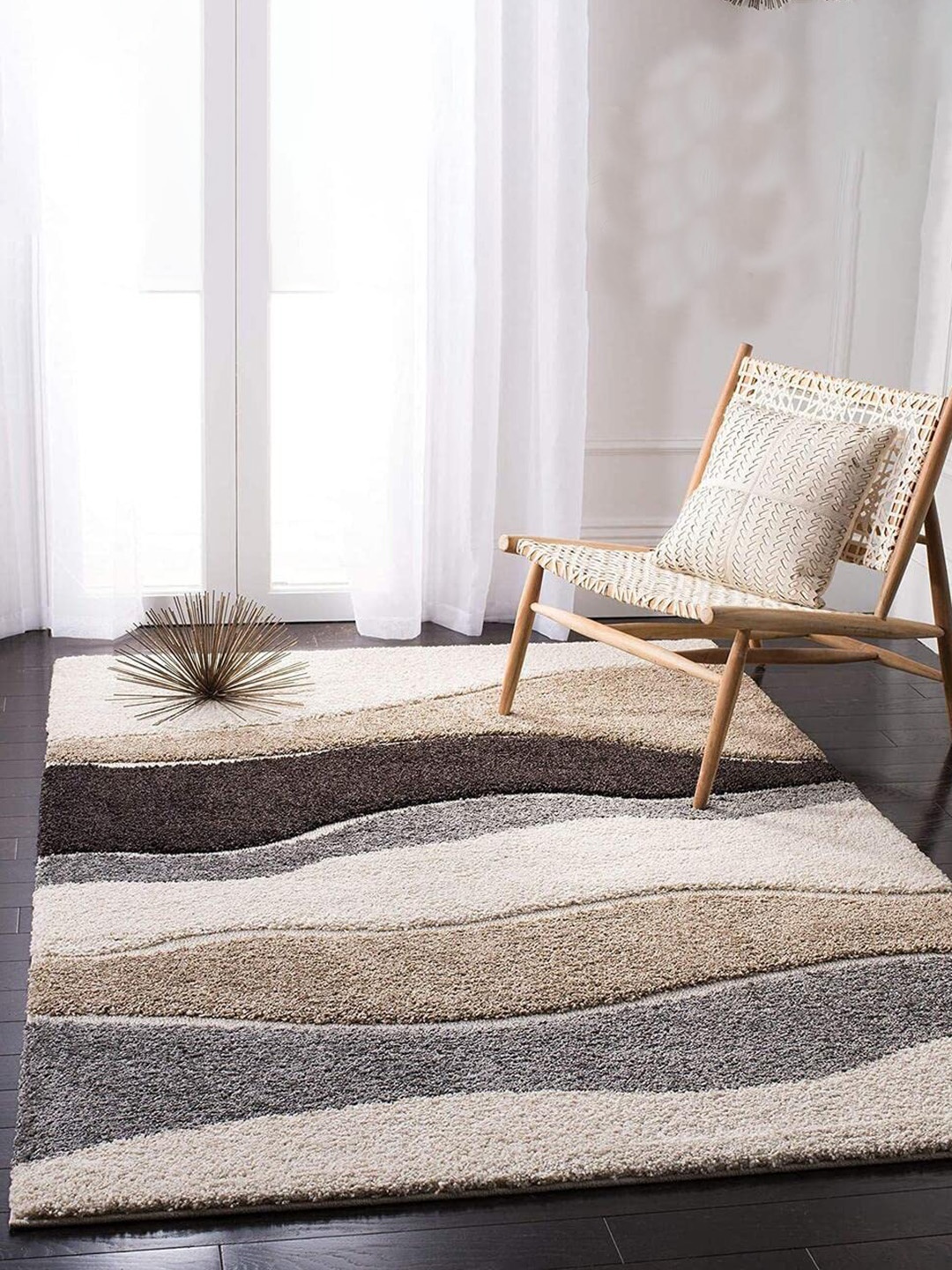 

F & B RUGS Cream & Grey Geometric Pattern Anti-Skid Shaggy Carpets