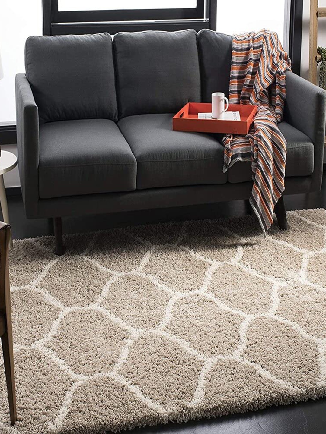 

F & B RUGS Beige Geometric Pattern Anti-Skid Shaggy Carpets