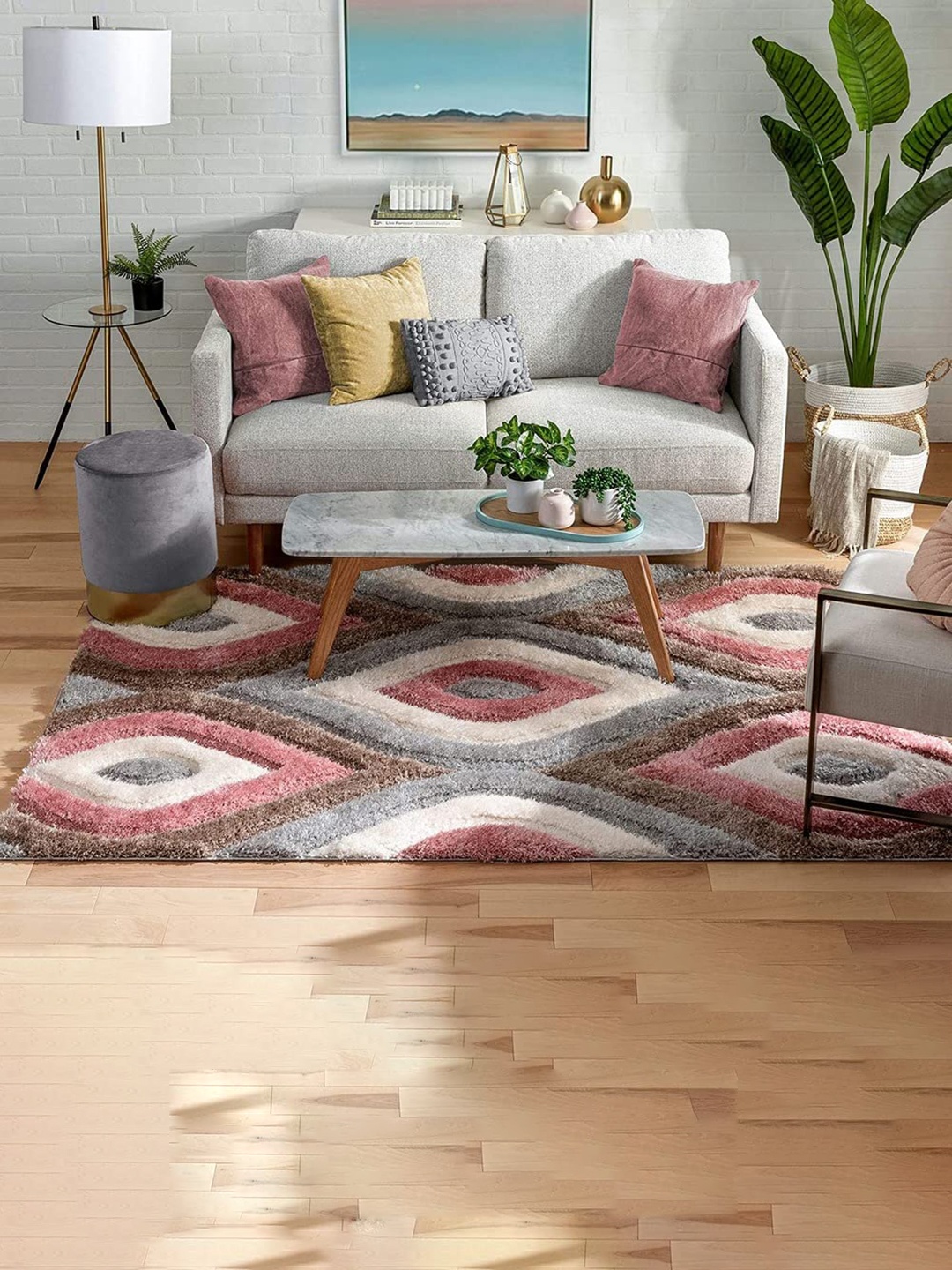 

F & B RUGS Pink & White Geometric Pattern Anti-Skid Shaggy Carpets