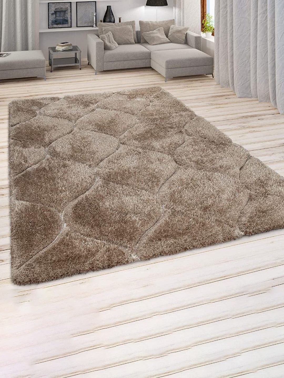 

F & B RUGS Beige Geometric Pattern Anti-Skid Shaggy Carpets