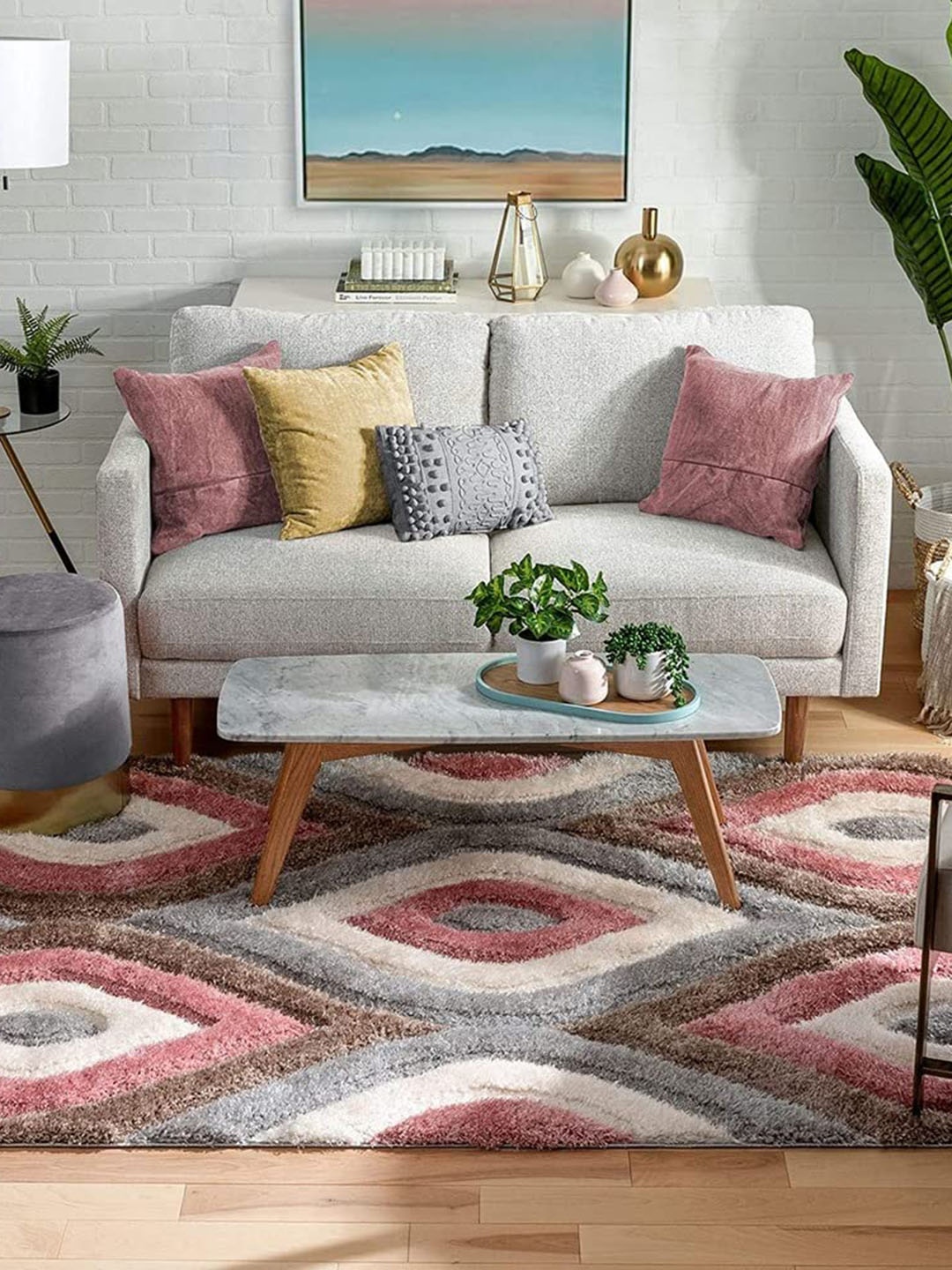 

F & B RUGS Pink & Beige Geometric Pattern Anti-Skid Shaggy Carpets