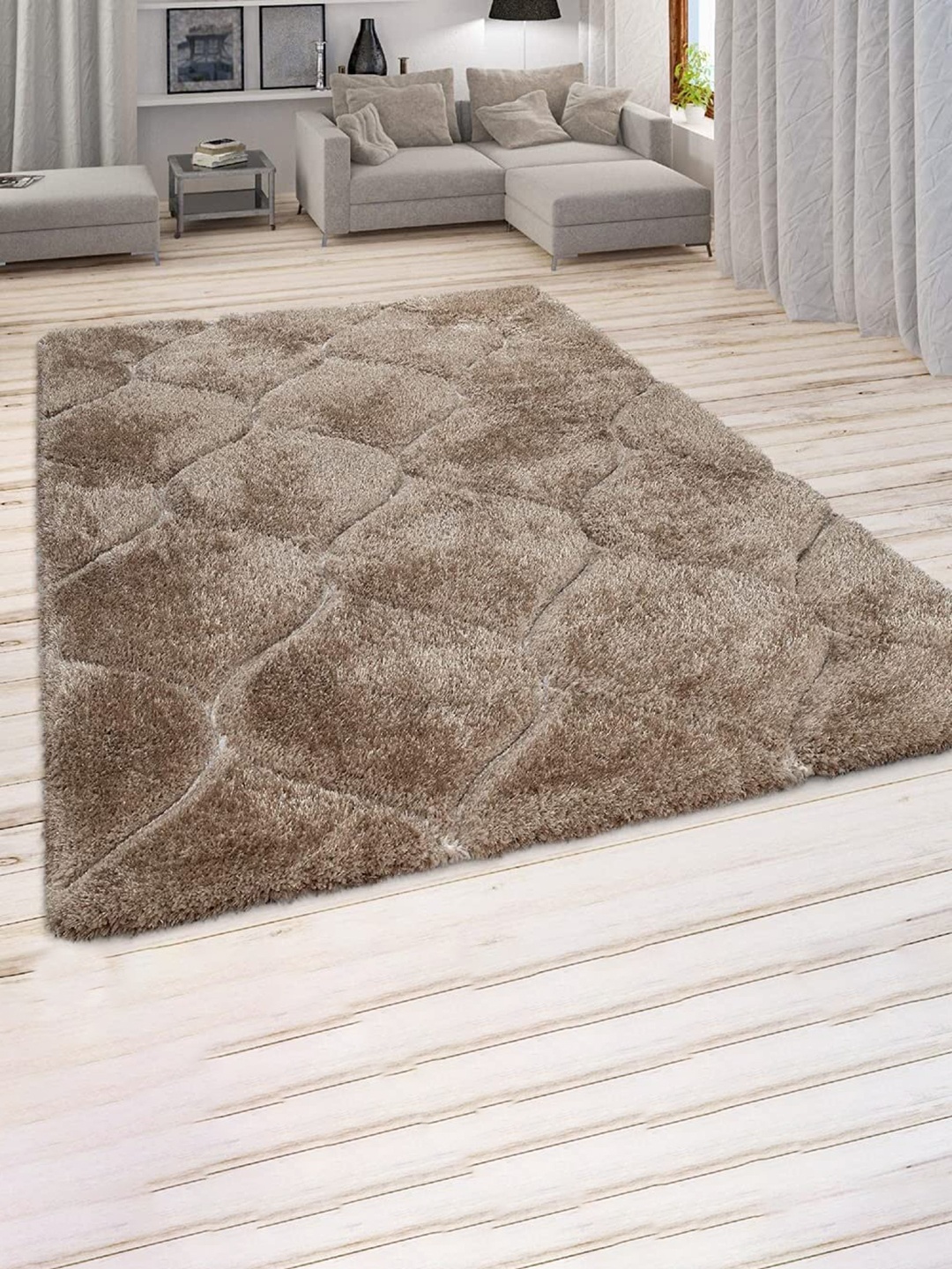

F & B RUGS Beige Geometric Pattern Anti-Skid Shaggy Carpets