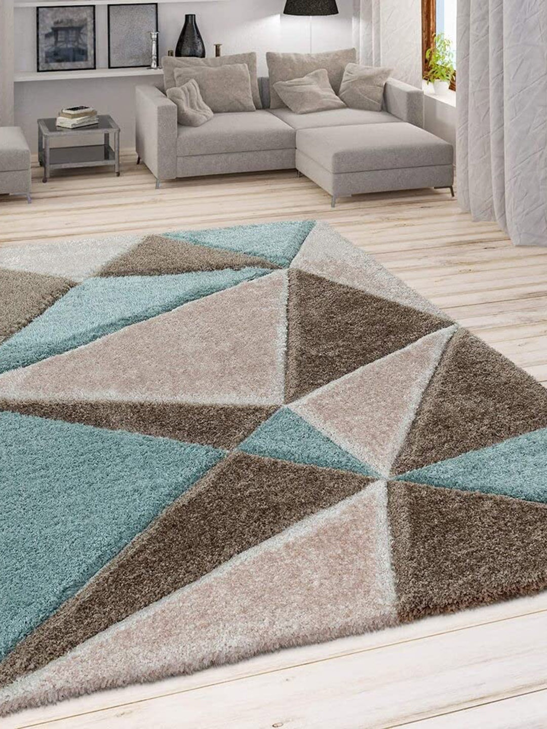 

F & B RUGS Pink & Blue Geometric Anti-Skid Shaggy Carpets