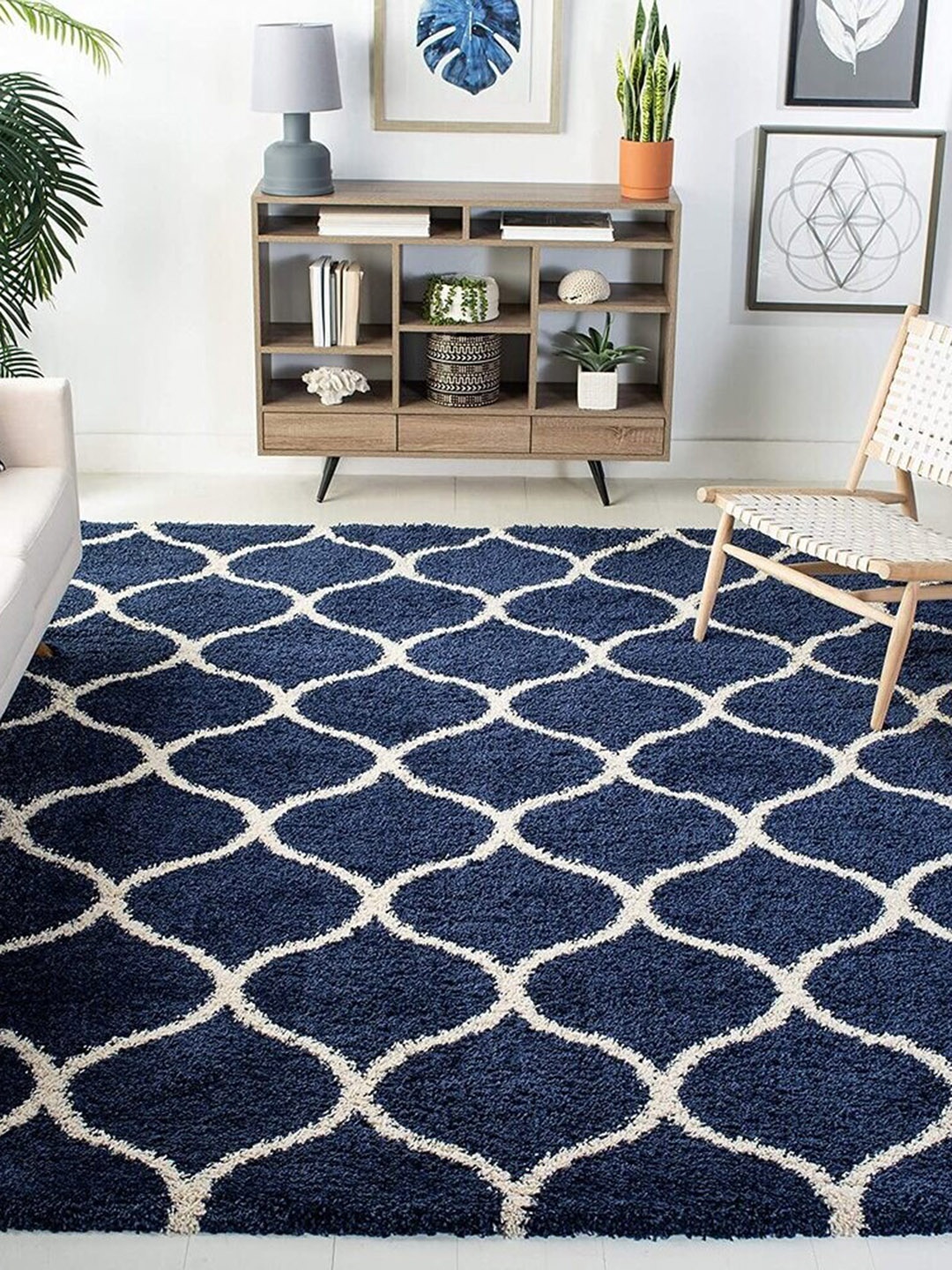 

F & B RUGS Blue & White Floral Pattern Anti-Skid Shaggy Carpets