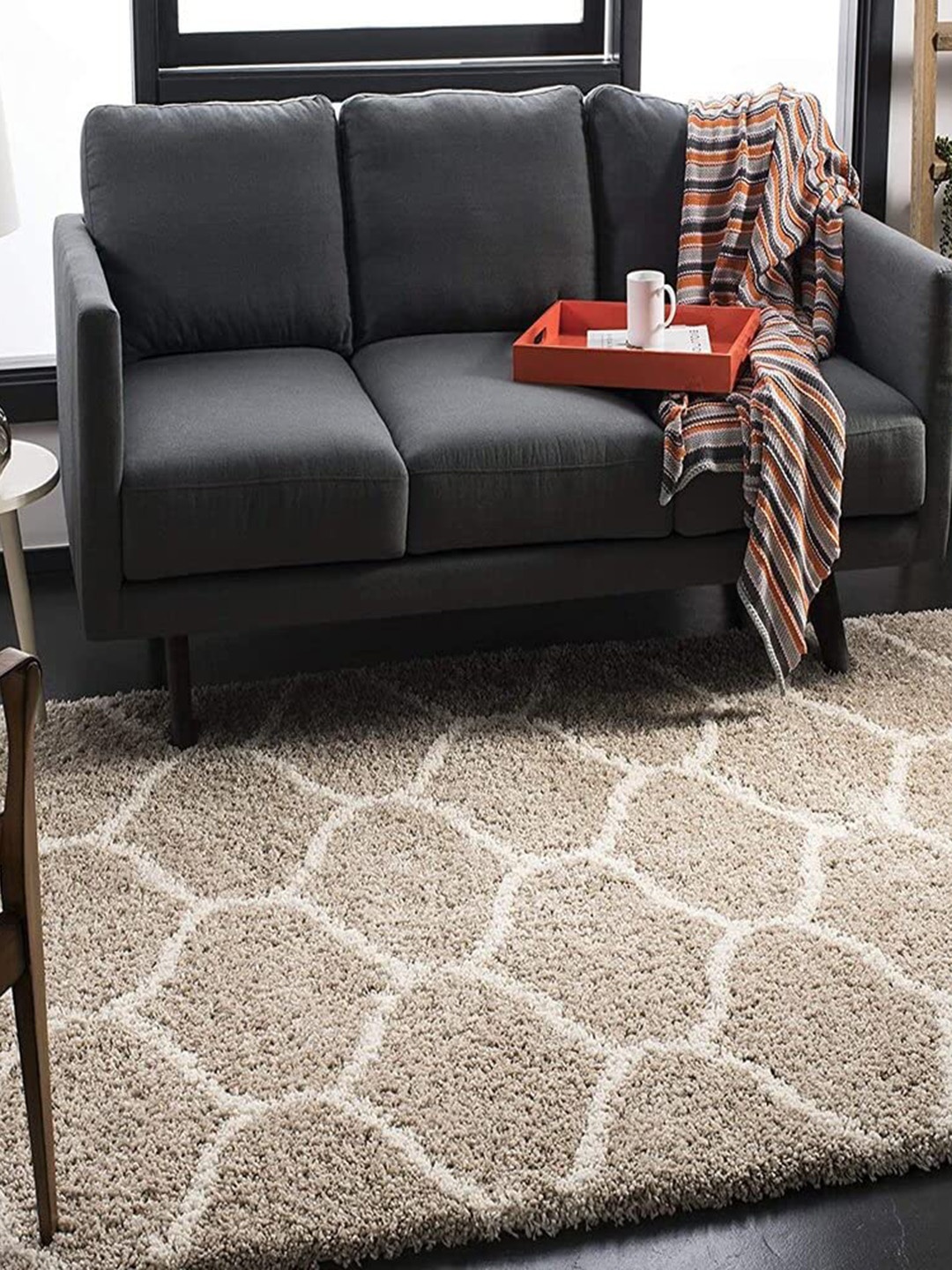 

F & B RUGS Beige Geometric Pattern Anti-Skid Shaggy Carpets