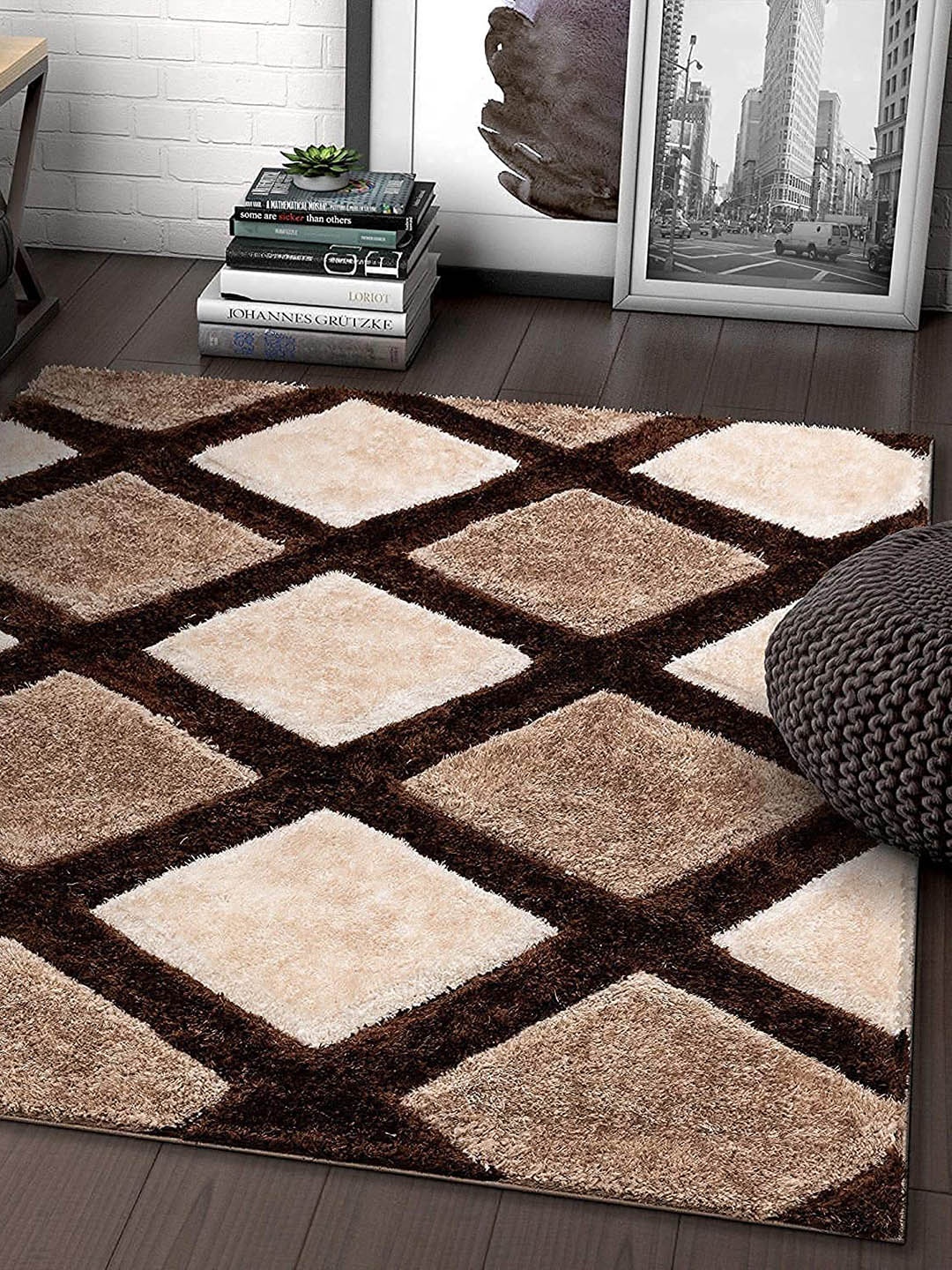 

F & B RUGS Brown Geometric Printed Anti-Skid Shaggy Carpets