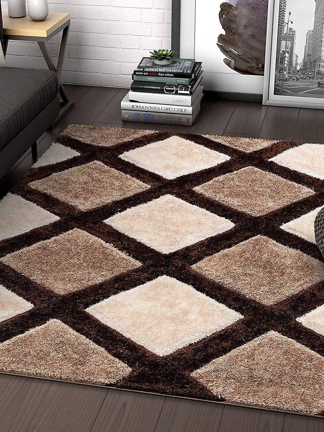 

F & B RUGS Brown Geometric Printed Anti-Skid Shaggy Carpets