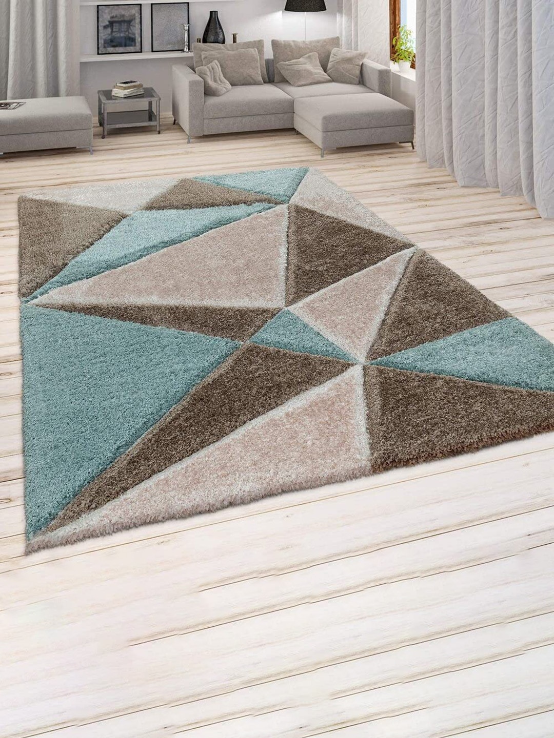 

F & B RUGS Blue & Cream Geometric Anti Skid Carpet