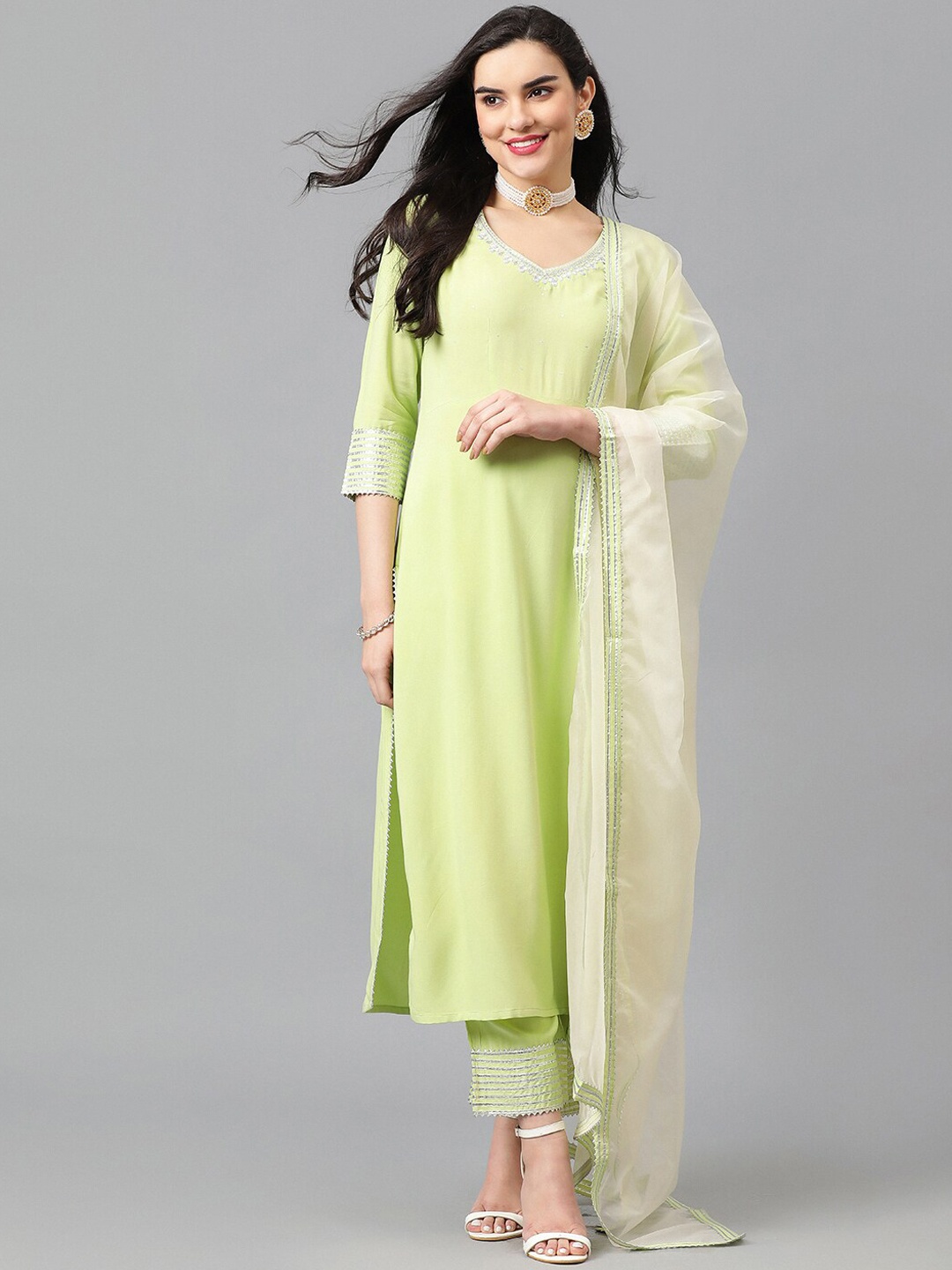 

Khushal K Women Ethnic Motifs Embroidered Regular Zardozi Kurta with Trousers & With Dupatta, Green