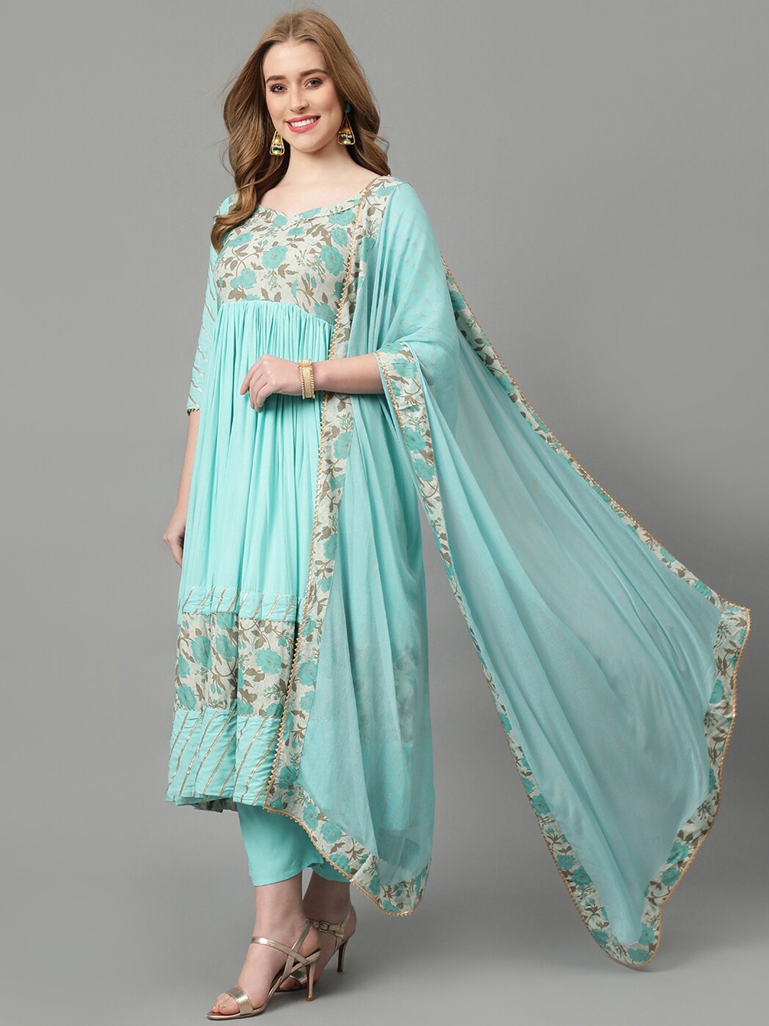 

Khushal K Floral Printed Gotta Patti Kurta With Trousers & Dupatta, Turquoise blue