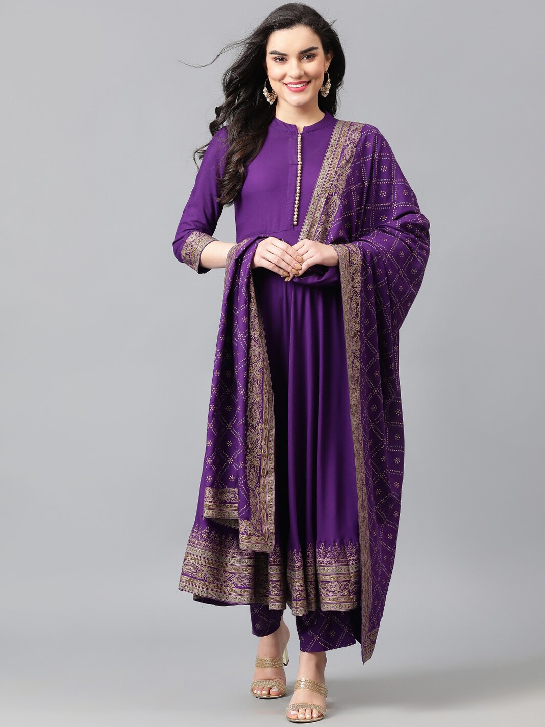 

Khushal K Women Ethnic Motifs Printed Empire Kurta with Palazzos & With Dupatta, Purple