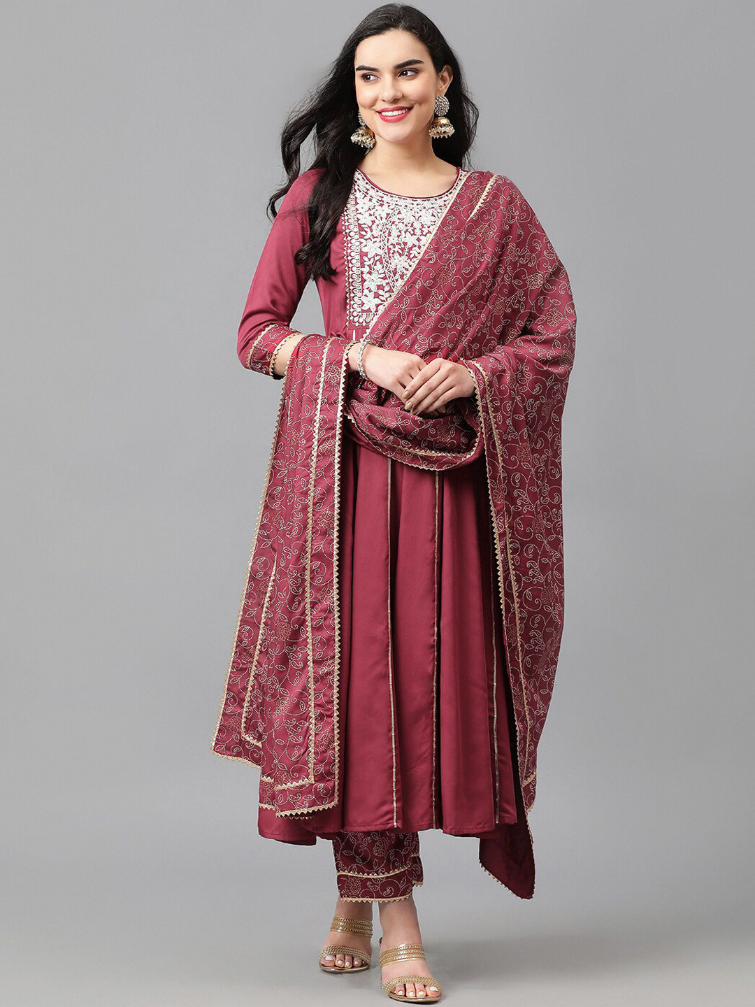 

Khushal K Ethnic Motifs Embroidered Kurta With Trousers & Dupatta, Maroon