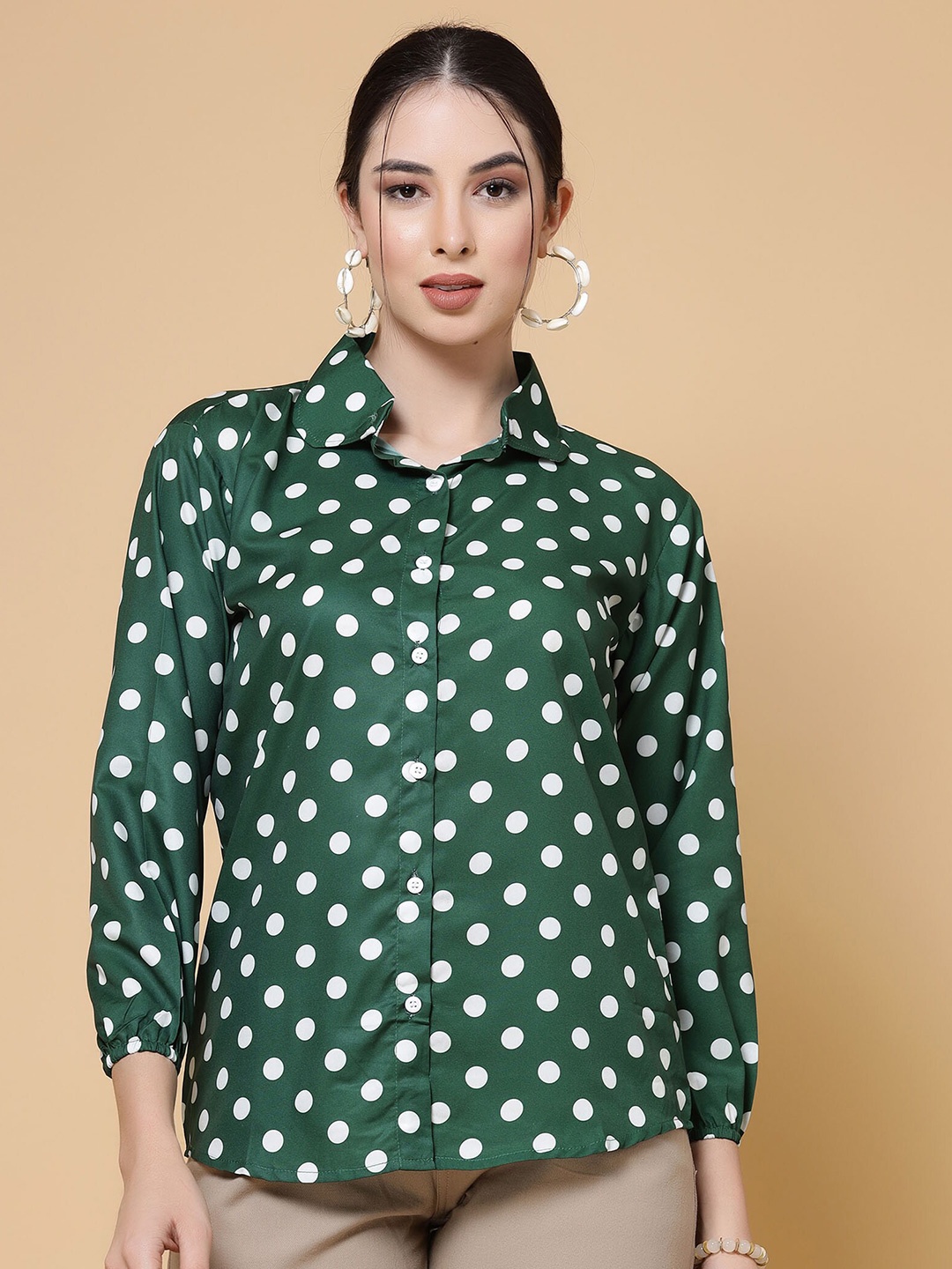 

MISS AYSE Polka Dot Print Slit Sleeve Crepe Top, Green